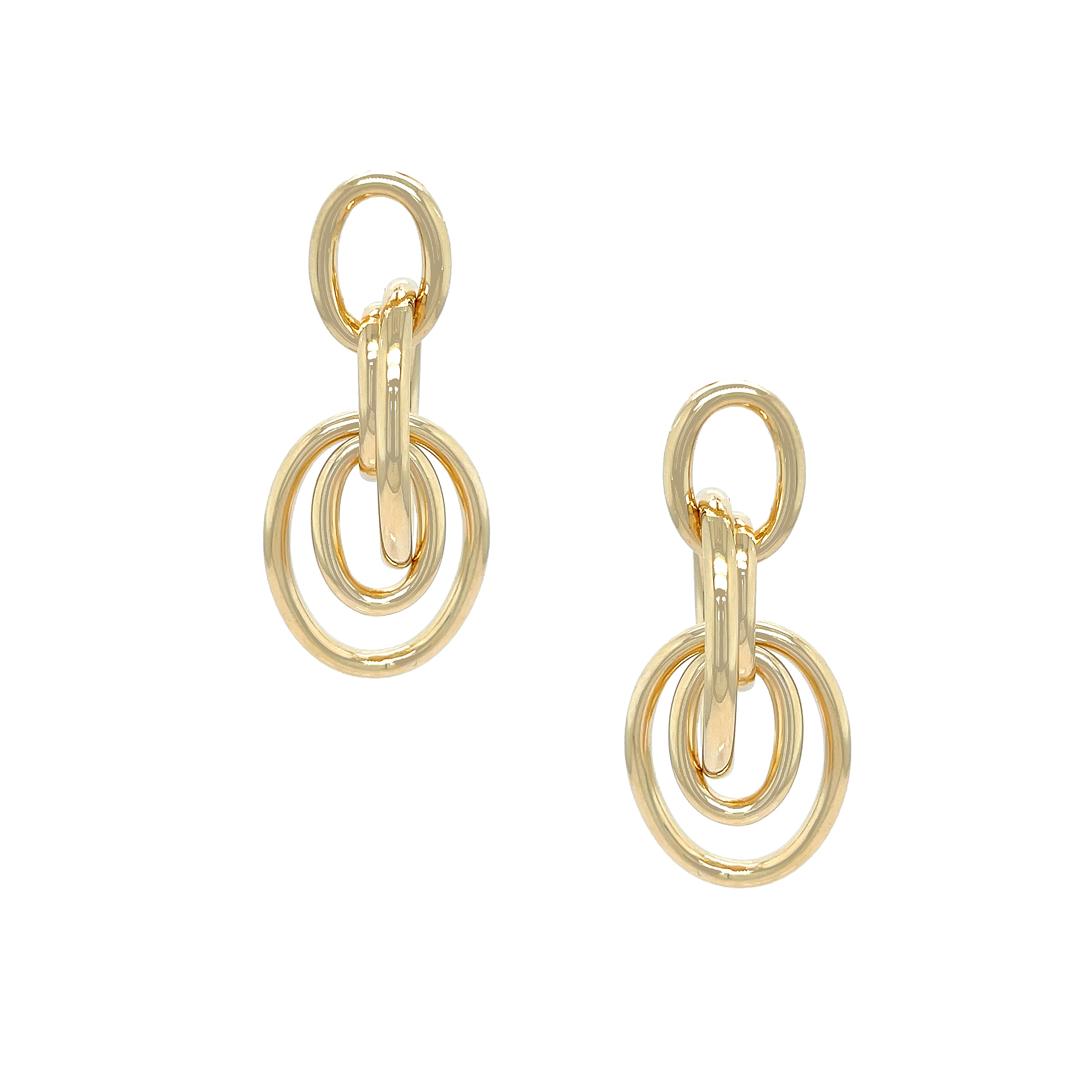 Interlocking Circle Drop Pierced Earrings
Introducing our Circle Drop Earrings - the perfect blend of funky and minimal design. These earrings are sure to catch your eye and add an interesting touch to any outfit. 
Yellow Gold Plated
2.10" Long X 0.92" Wide