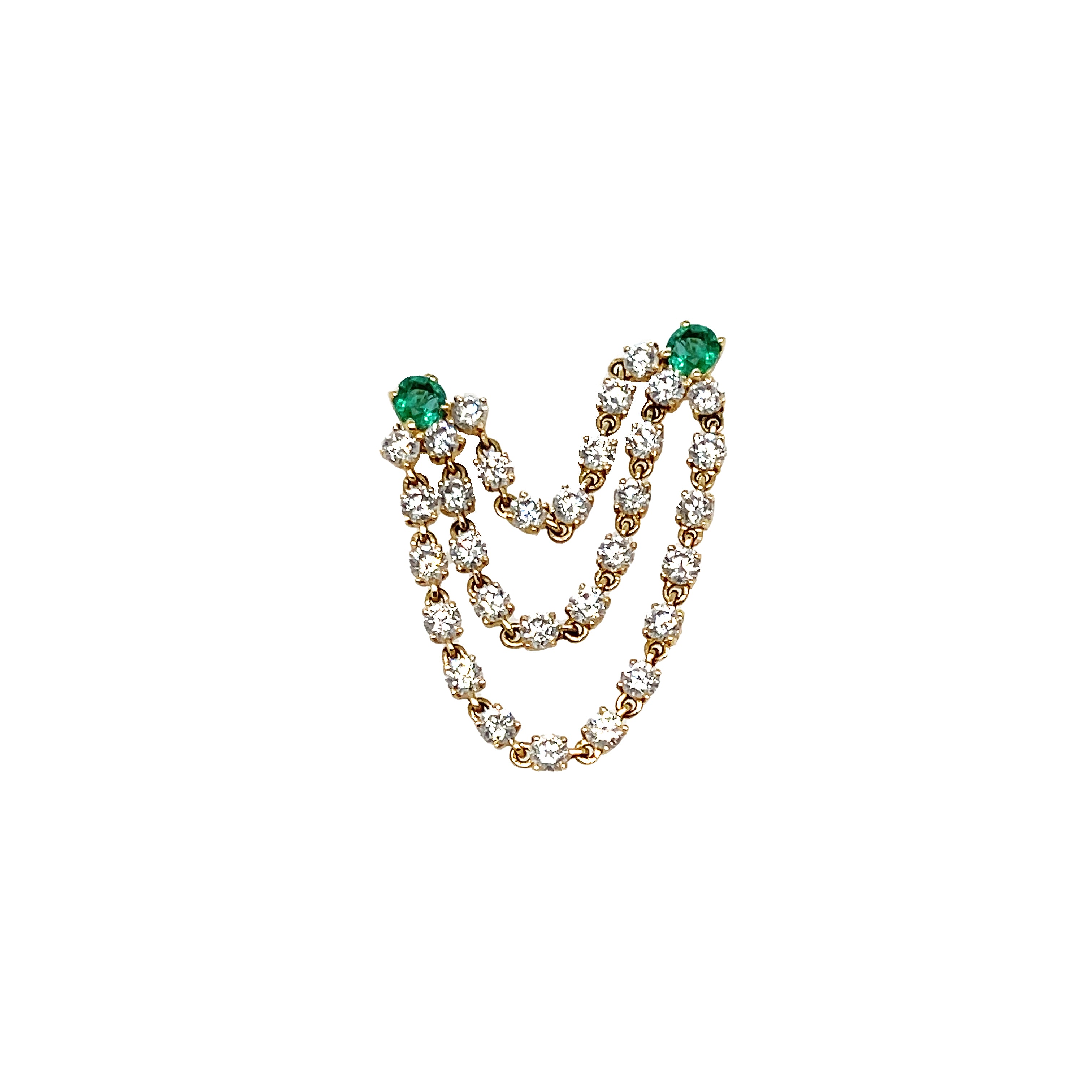 Diamond & Emerald Chain Drop Pierced Earring
14K Yellow Gold
0.98 Diamond Carat Weight
0.16 Emerald Carat Weight
Sold as a single earring
