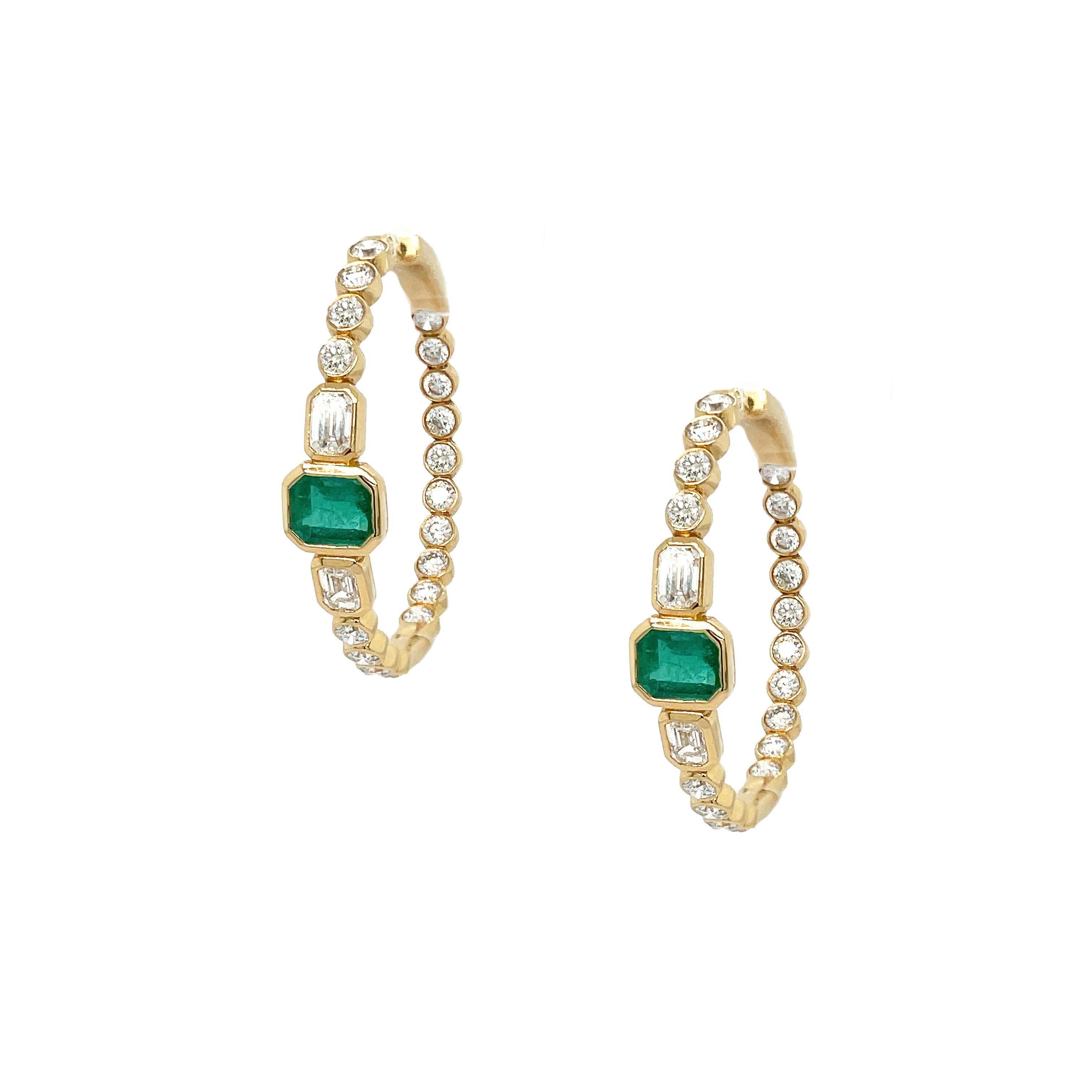 Diamond & Emerald Hoop Pierced Earrings 14K Yellow Gold 3.35 Diamond Carat Weight 2.35 Emerald Carat Weight