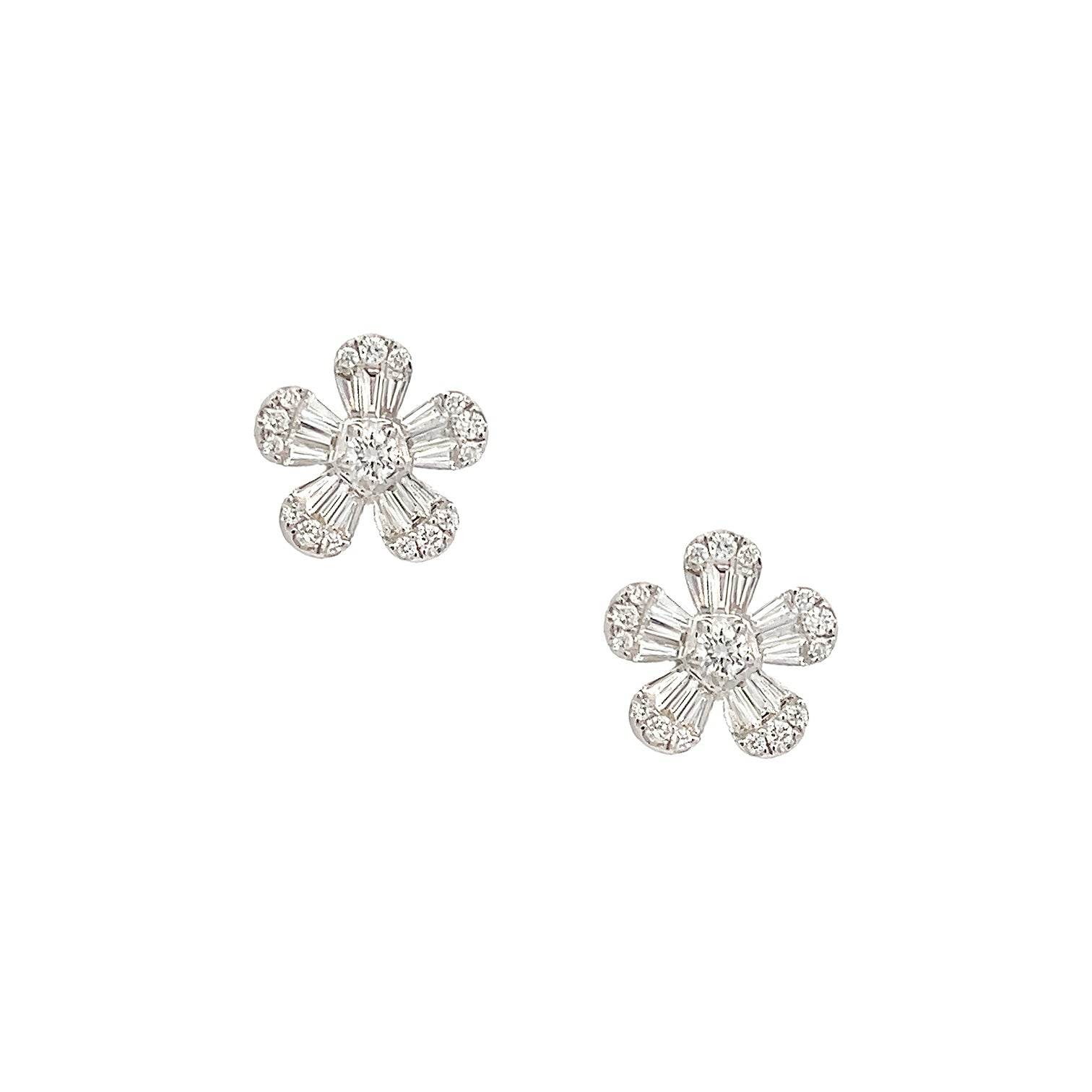 Diamond Baguette Flower Stud Earrings 18K White Gold Round Diamonds: 0.49 Diamond Carat Weight Baguette Diamonds: 0.76 Diamond Carat Weight