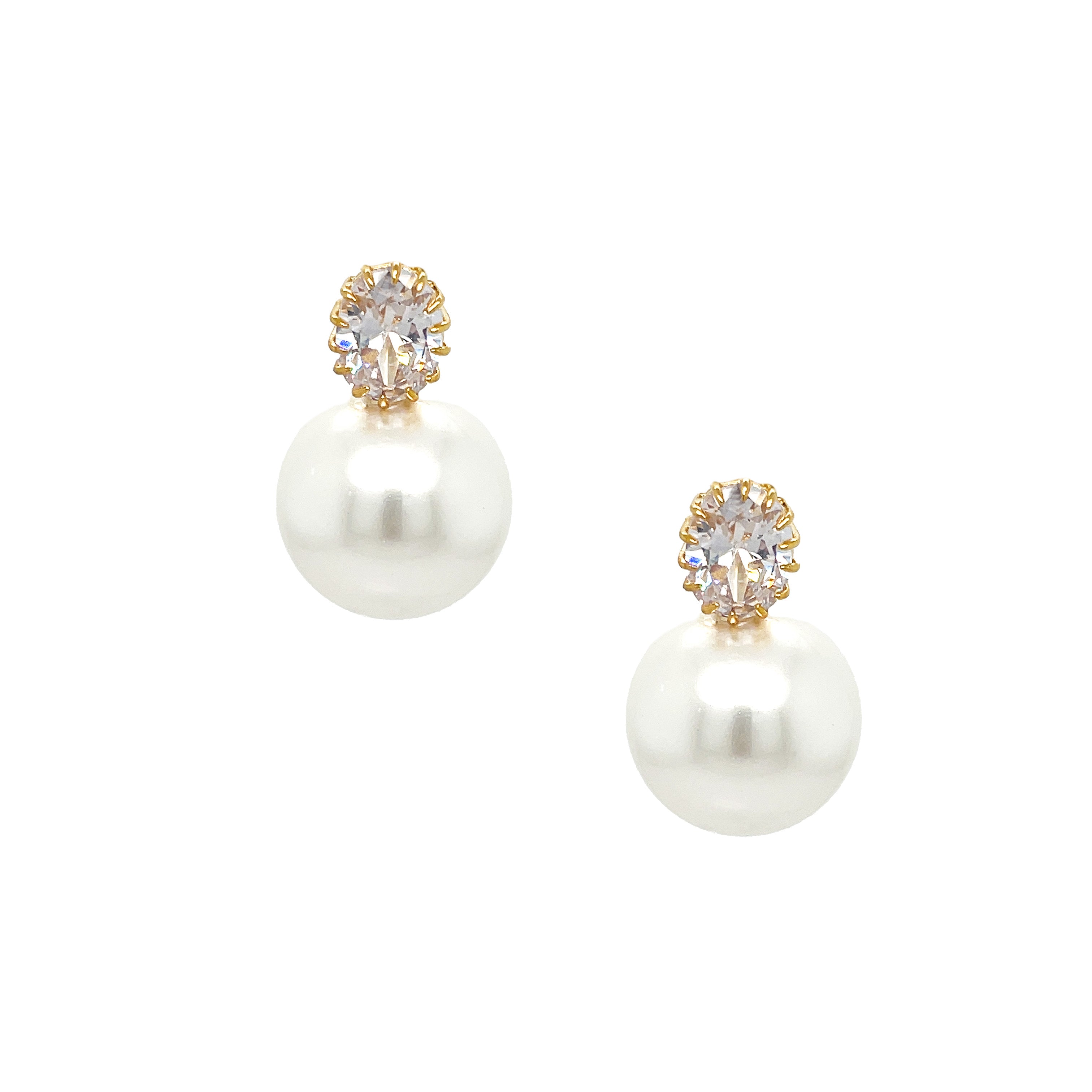 Crystal & White Pearl Oval Pierced Earrings  Yellow Gold Plated Over Silver 1" Long X 0.62" Wide