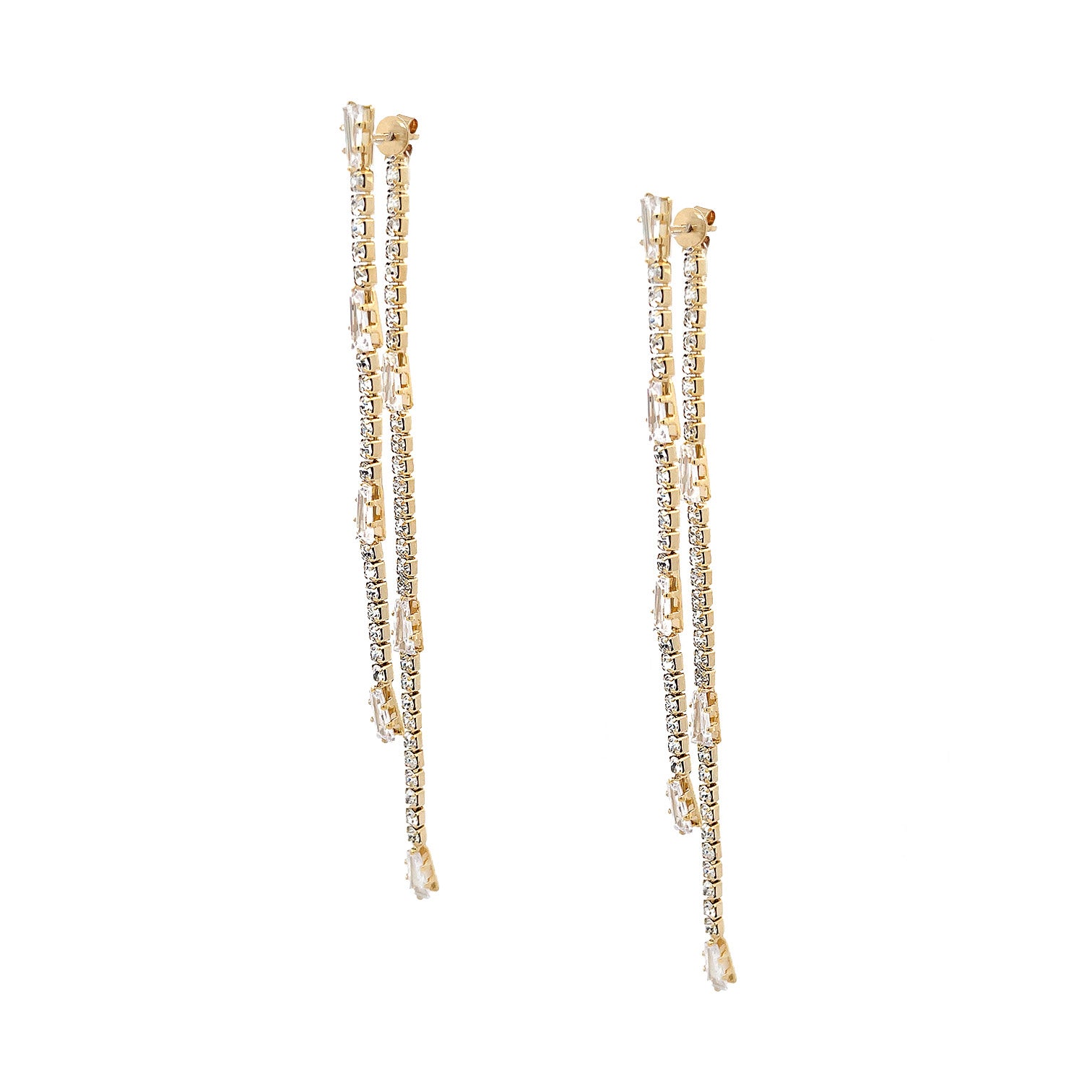 Double Strand Crystal Pierced Earrings Yellow Gold Plated Cubic Zirconia 3.32" Length X .13" Width