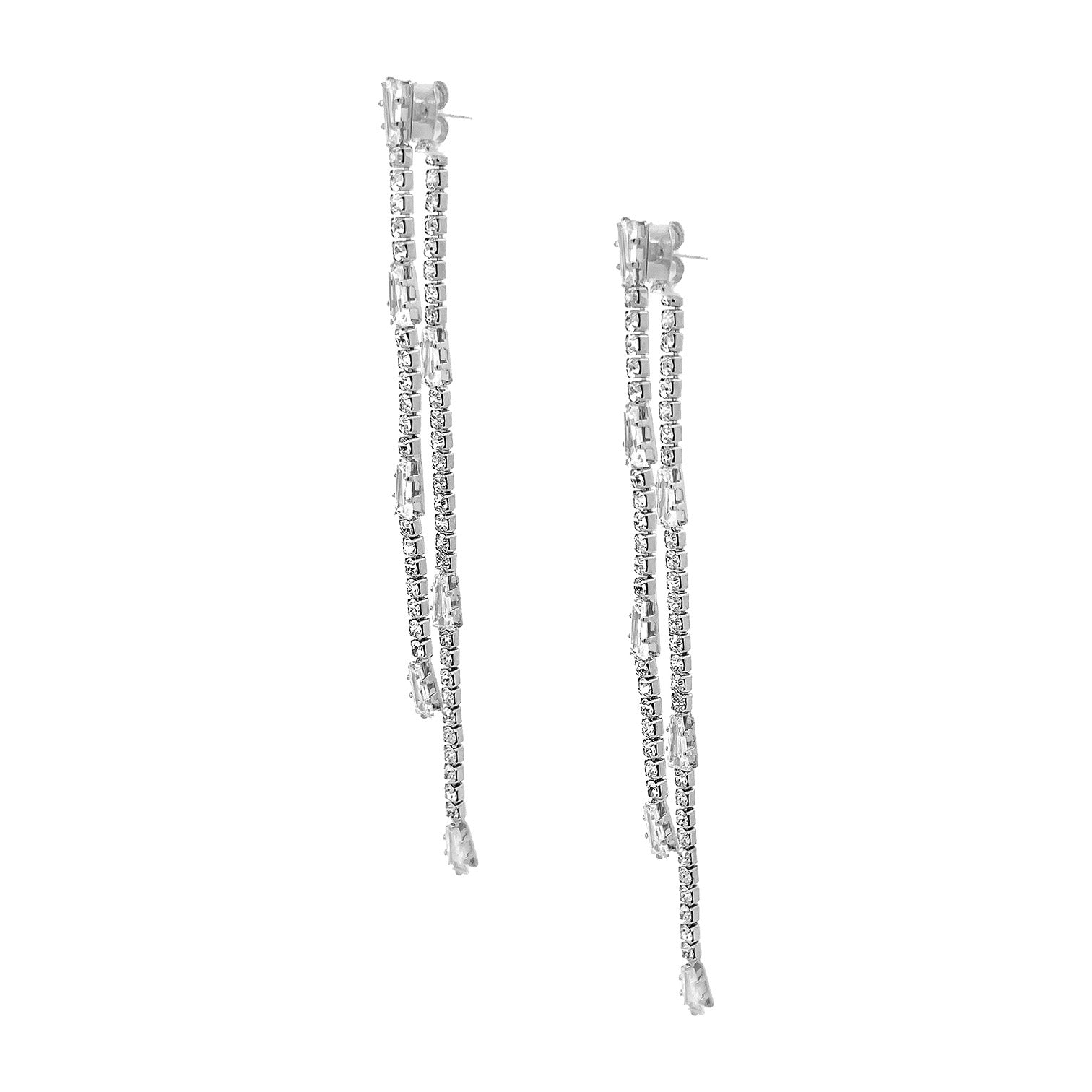 Double Strand Crystal Pierced Earrings White Gold Plated Cubic Zirconia 3.32" Length X .13" Widt