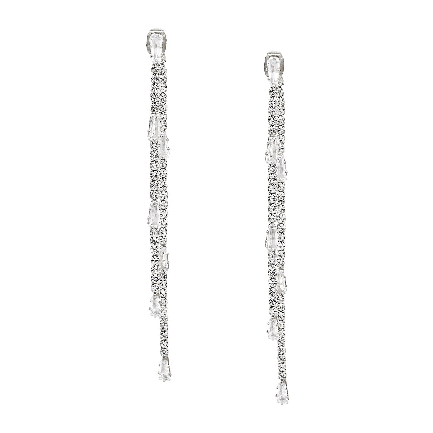 Double Strand Crystal Pierced Earrings White Gold Plated Cubic Zirconia 3.32" Length X .13" Width