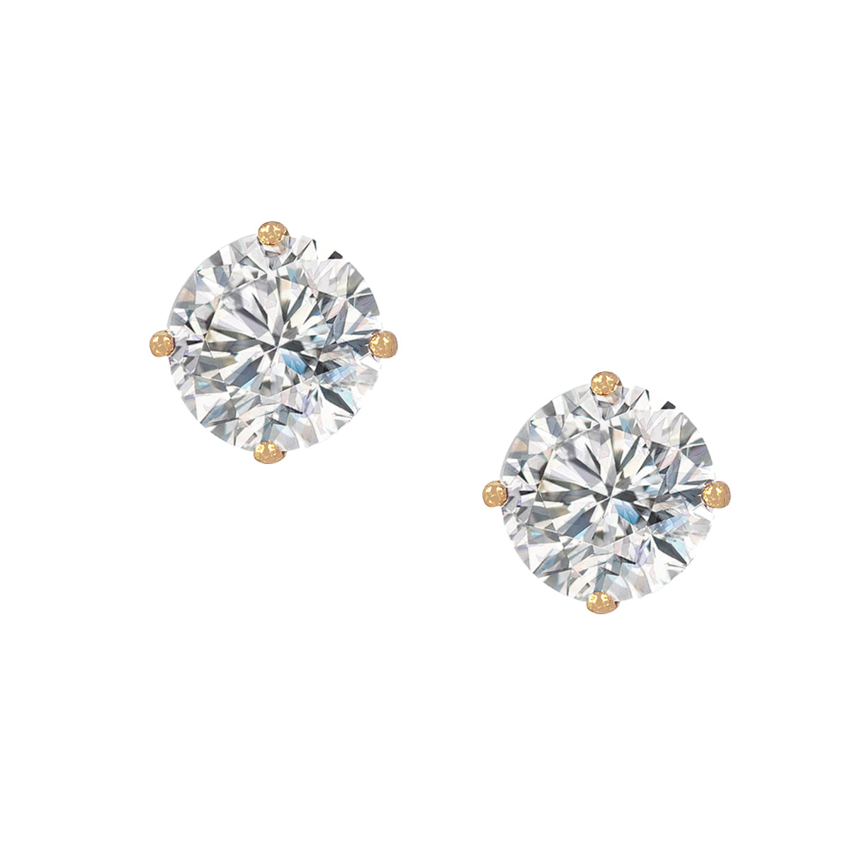 A pair of faux diamond stud earrings in 14K gold with a four-prong martini setting.