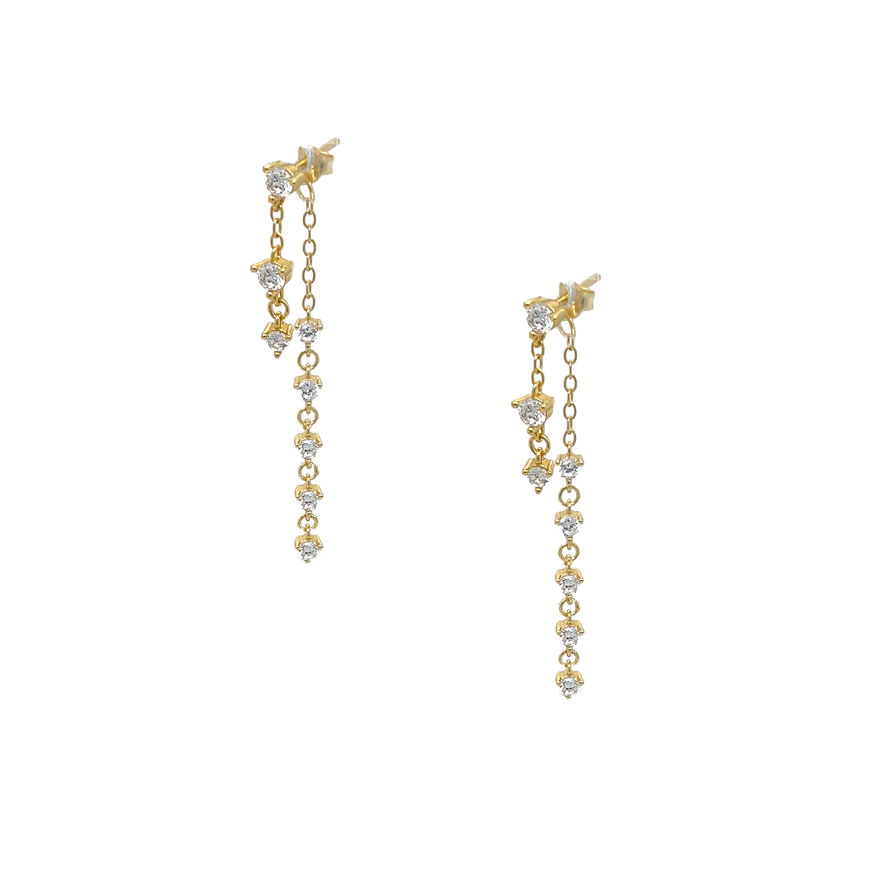 Double Strand CZ Pierced Earrings
Yellow Gold Plated
Short Strand: 0.45" Long X 0.09" Wide
Long Strand: 1.5"Long X 0.09" Wide