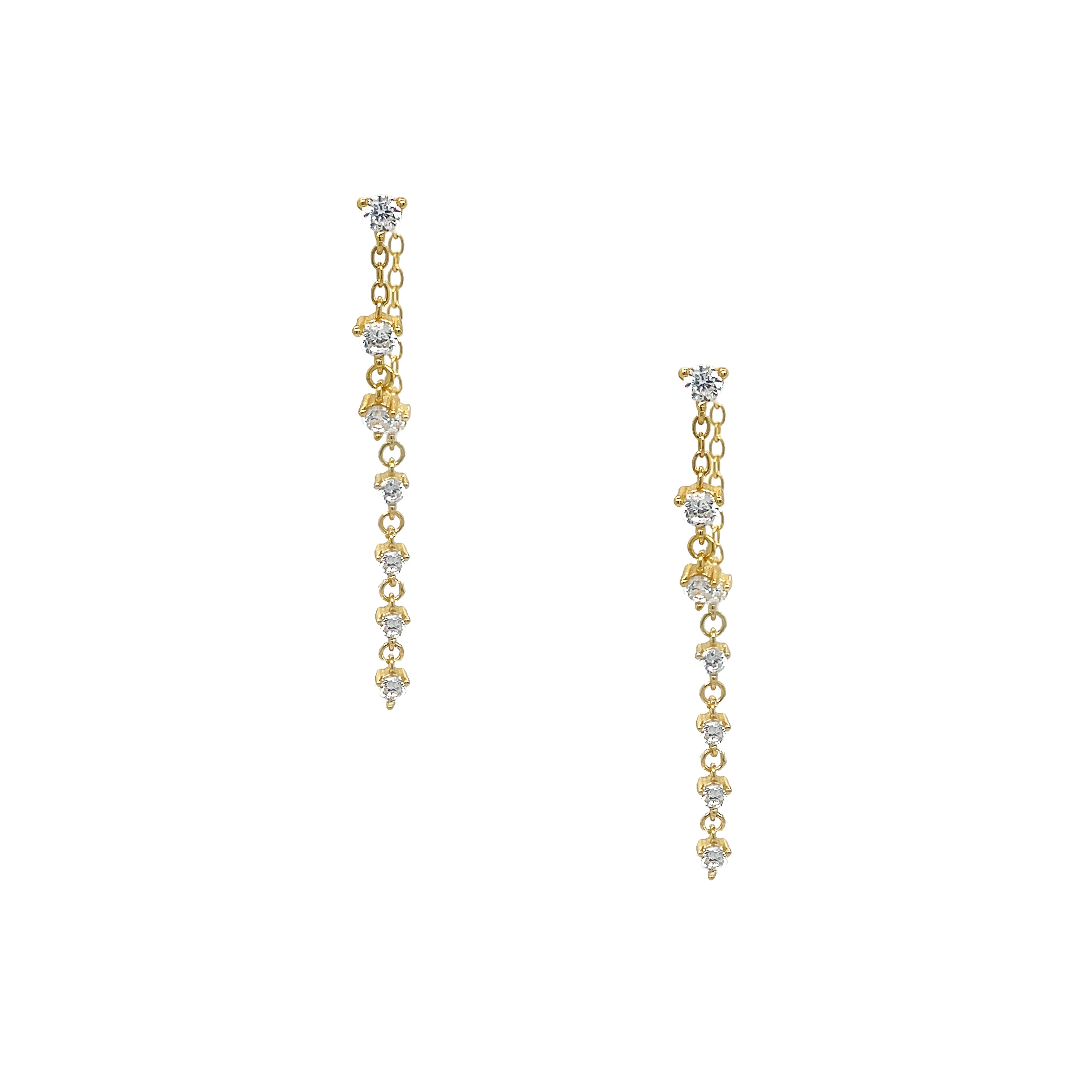 Double Strand CZ Pierced Earrings
Yellow Gold Plated
Short Strand: 0.45" Long X 0.09" Wide
Long Strand: 1.5"Long X 0.09" Wide