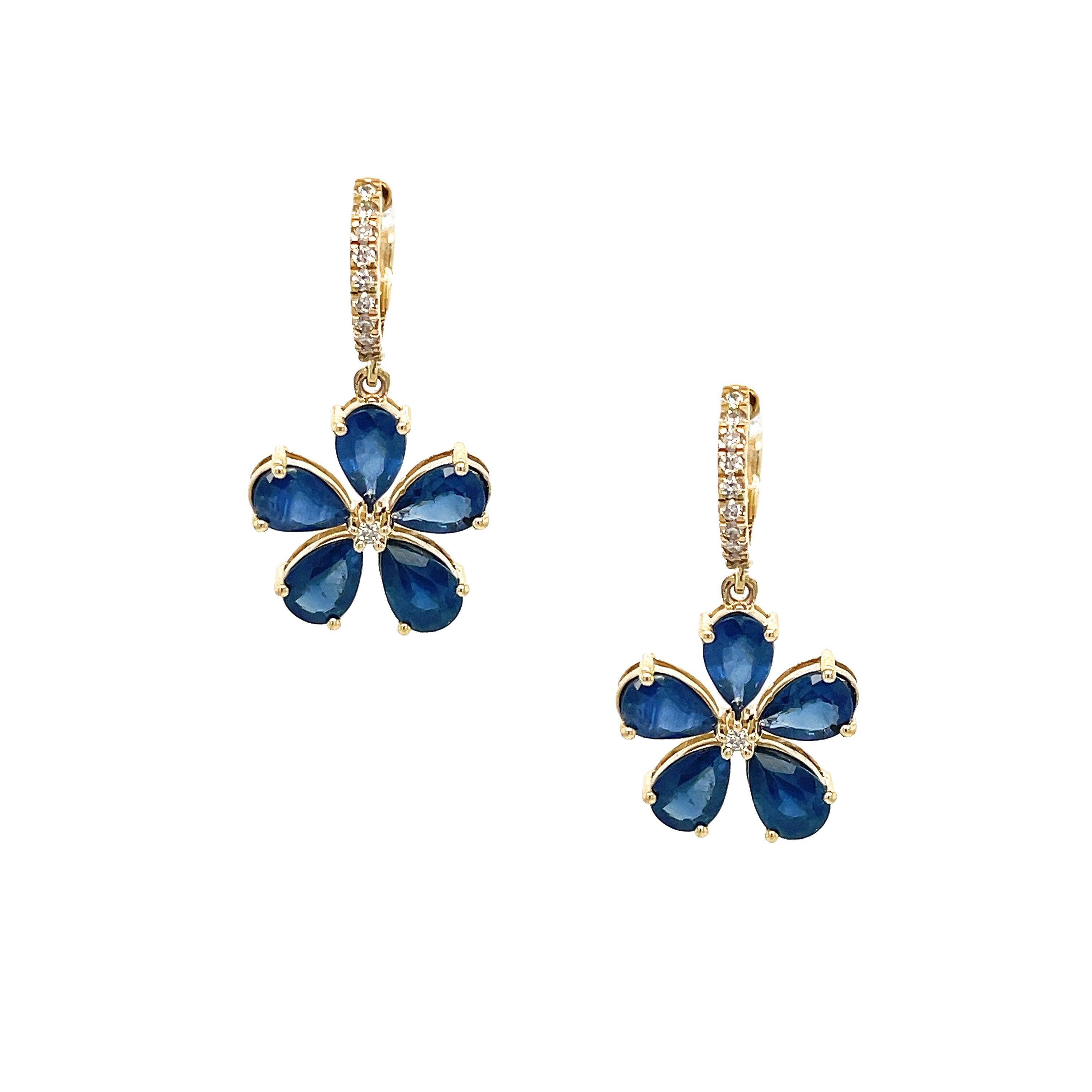 Diamond & Blue Sapphire Flower Drop Earrings 14K Yellow Gold 0.50 Diamond Carat Weight
