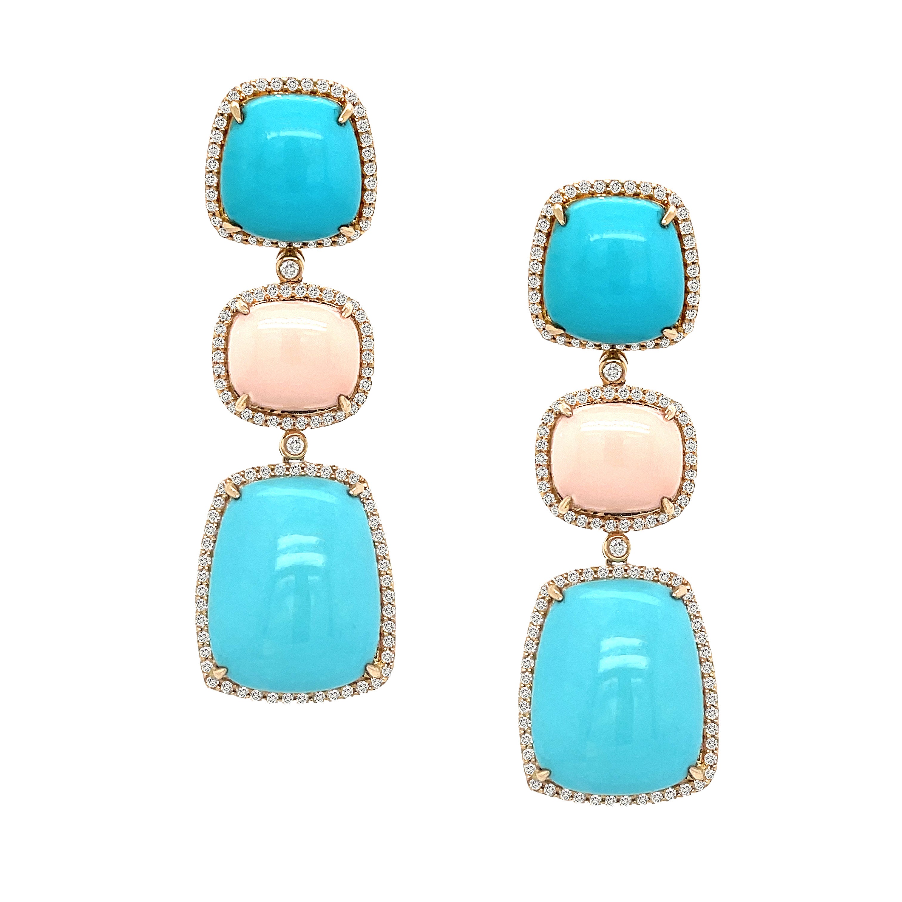 Diamond, Turquoise & Pink Coral Drop Pierced Earrings 14K Yellow Gold 1.31 Diamond Carat Weight 2.10" Length