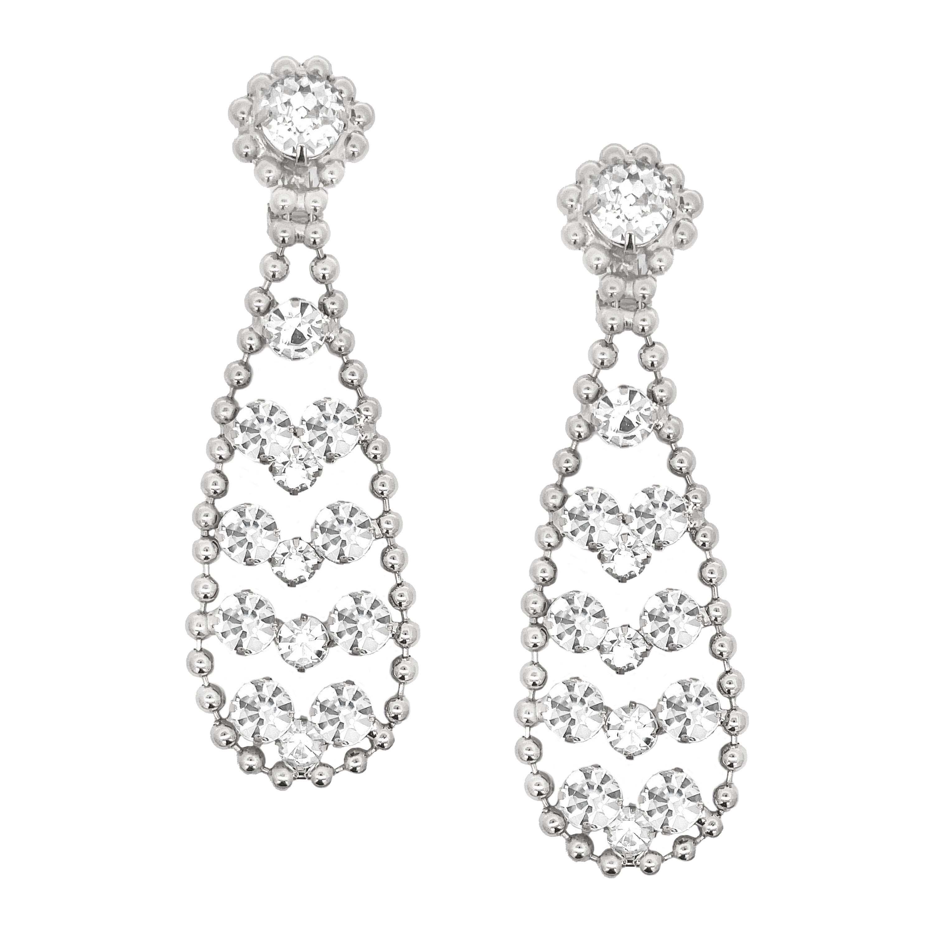 Multi Crystal Tear Drop Clip On Earrings White Gold Plated Cubic Zirconia 4.20" Length X 1.25" Width