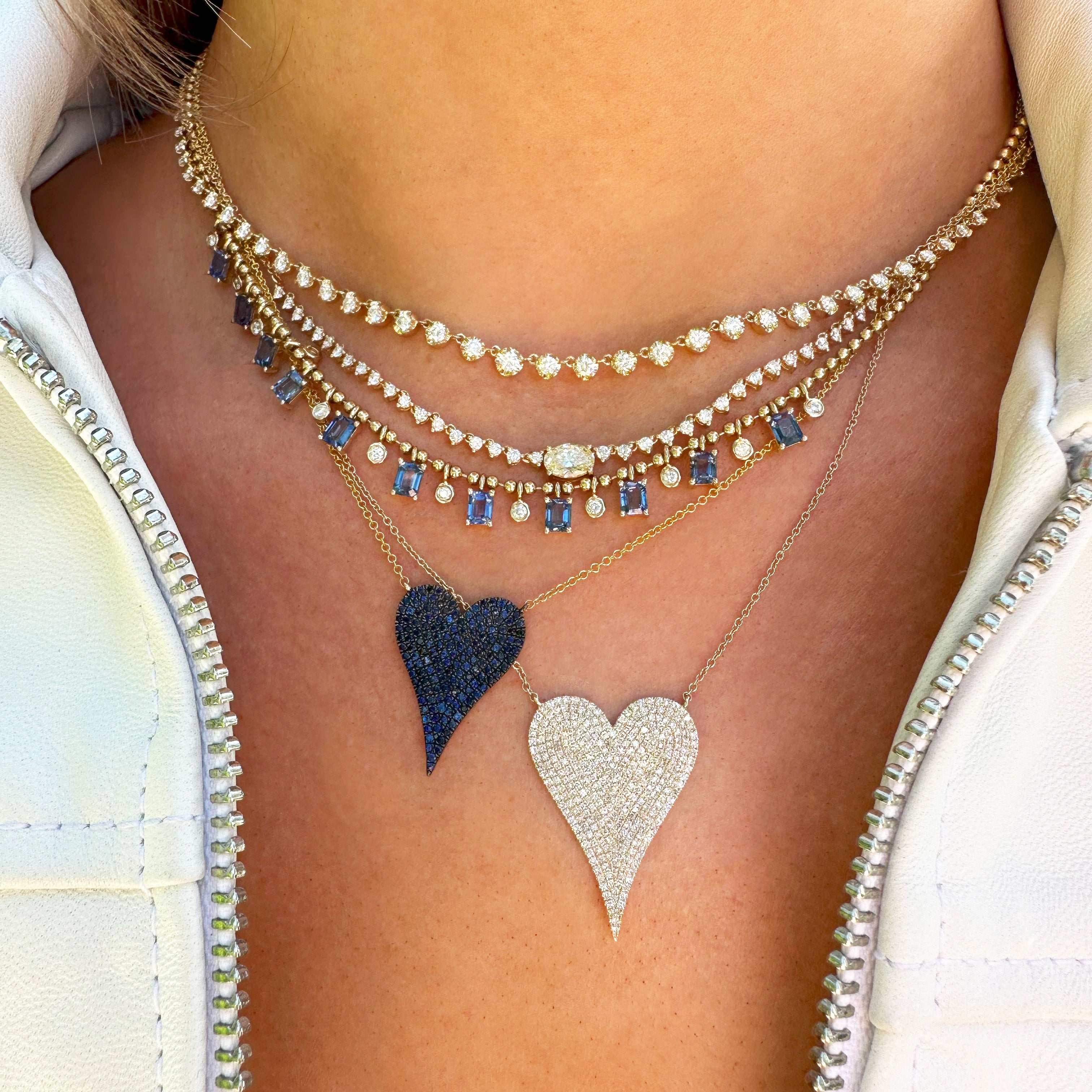 Pave Blue Sapphire Large Heart Necklace 14K Yellow Gold 0.60 Sapphire Carat Weight 0.88" Length X 0.63" Width 16"-18" Adjustable Length