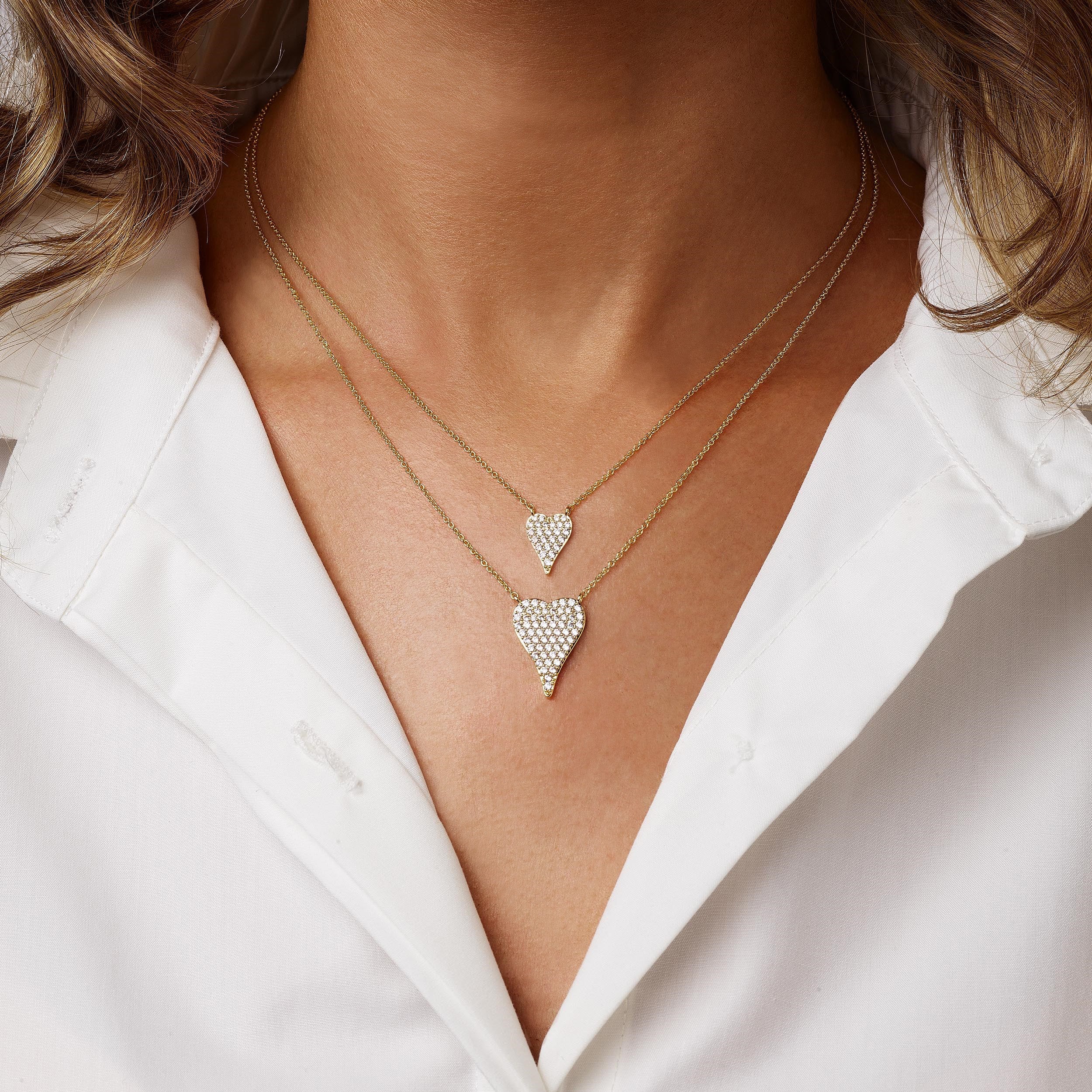 Pave CZ Small Heart Chain Necklace Yellow Or White Gold Plated 16-18" Adjustable Length