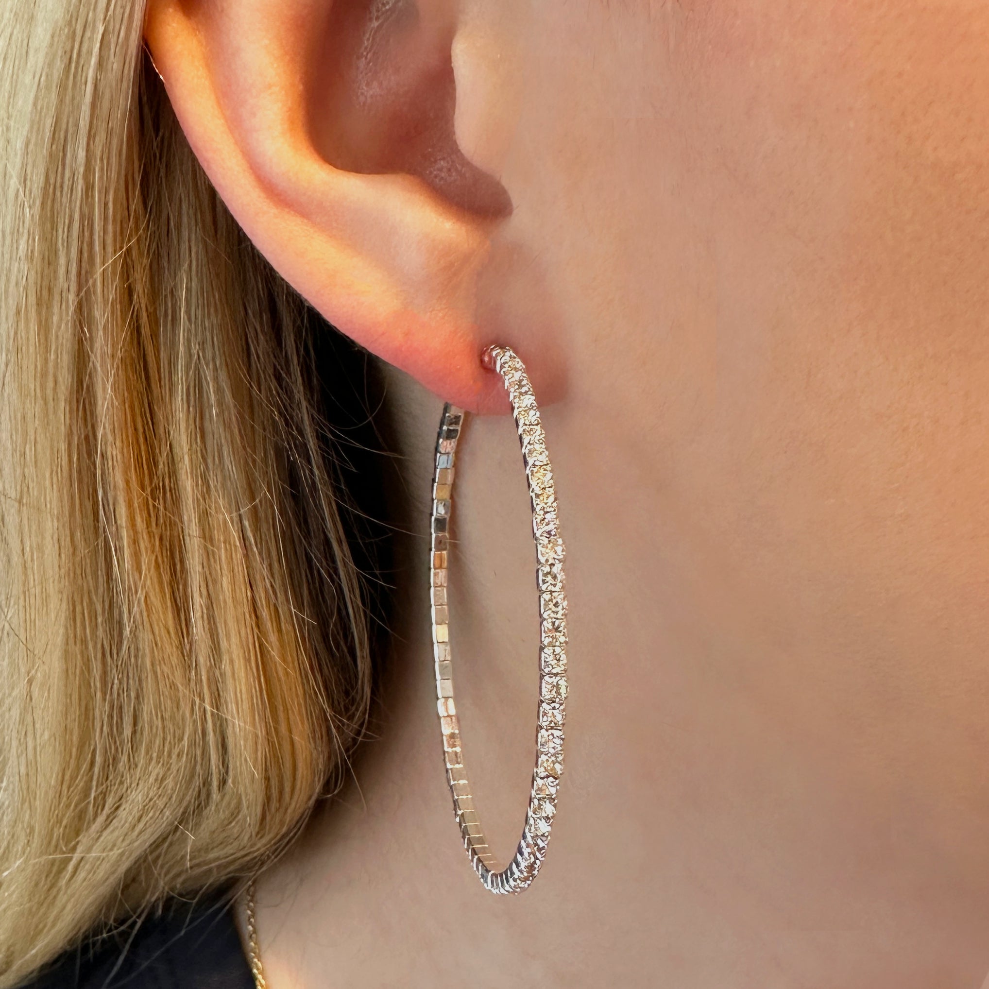 Medium Pave Sparkle Hoop Pierced Earrings White Gold Plated 1.97" Diameter Butterfly earring back attached