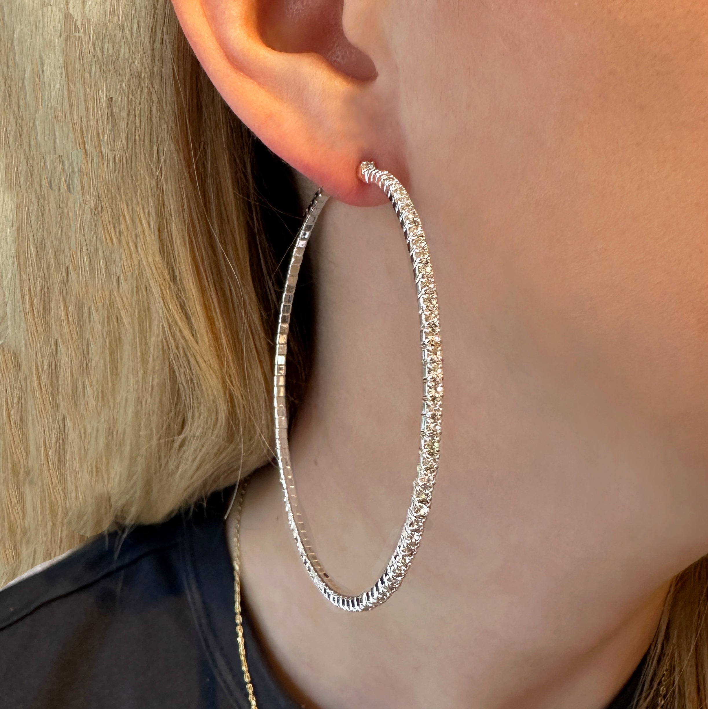 Large Pave Sparkle Hoop Pierced Earrings White Gold Plated 2.75" Diameter Butterfly earring back attached