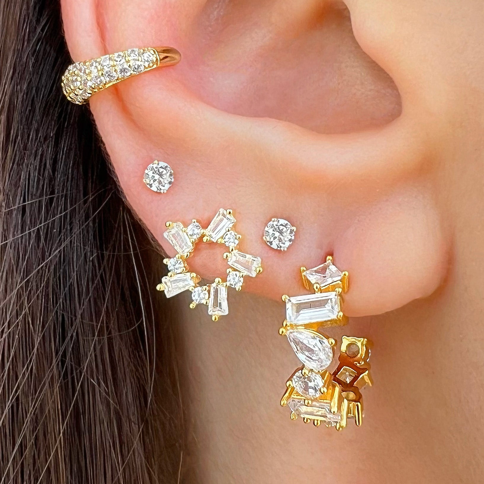 Multi Shape CZ Hoop Pierced Earrings Yellow Gold Plated Over Silver 0.66" Long X 0.53" Wide 0.23" Width While supplies last. All Deals Of The Day sales are FINAL SALE.