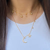 Pave CZ Start & Moon Charm Chain Necklace  Yellow Gold Plated Over Silver 15.5-18" Adjustable Length Moon: 0.54" Long X 0.39" Wide Star: 0.37" Wide CZ Dangle: 0.11" Wide    While supplies last. All Deals Of The Day sales are FINAL SALE.