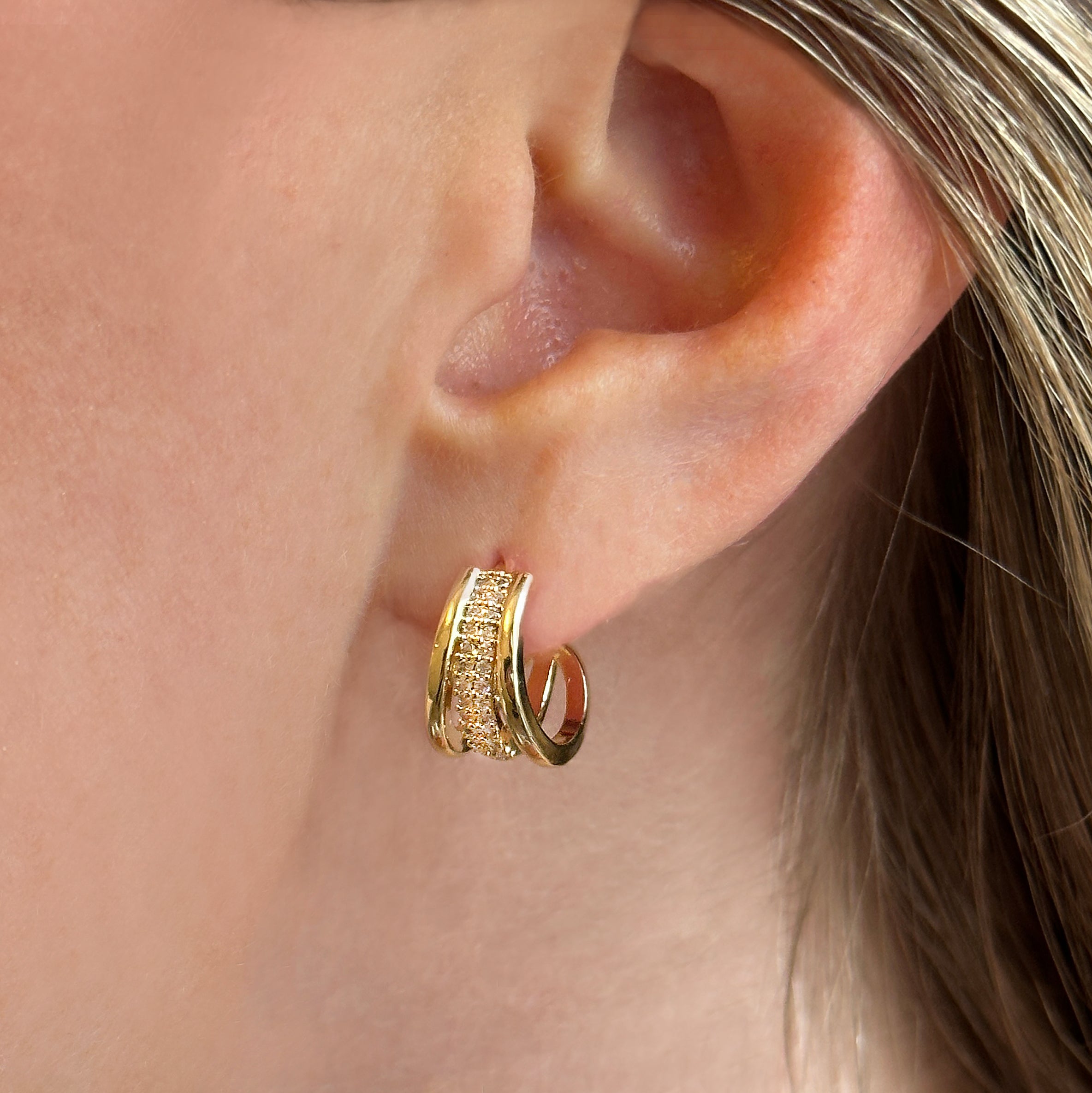 Triple Row CZ Huggie Pierced Earrings Yellow Gold Plated 0.55" Long X 0.35" Wide While supplies last. All Deals Of The Day sales are FINAL SALE.