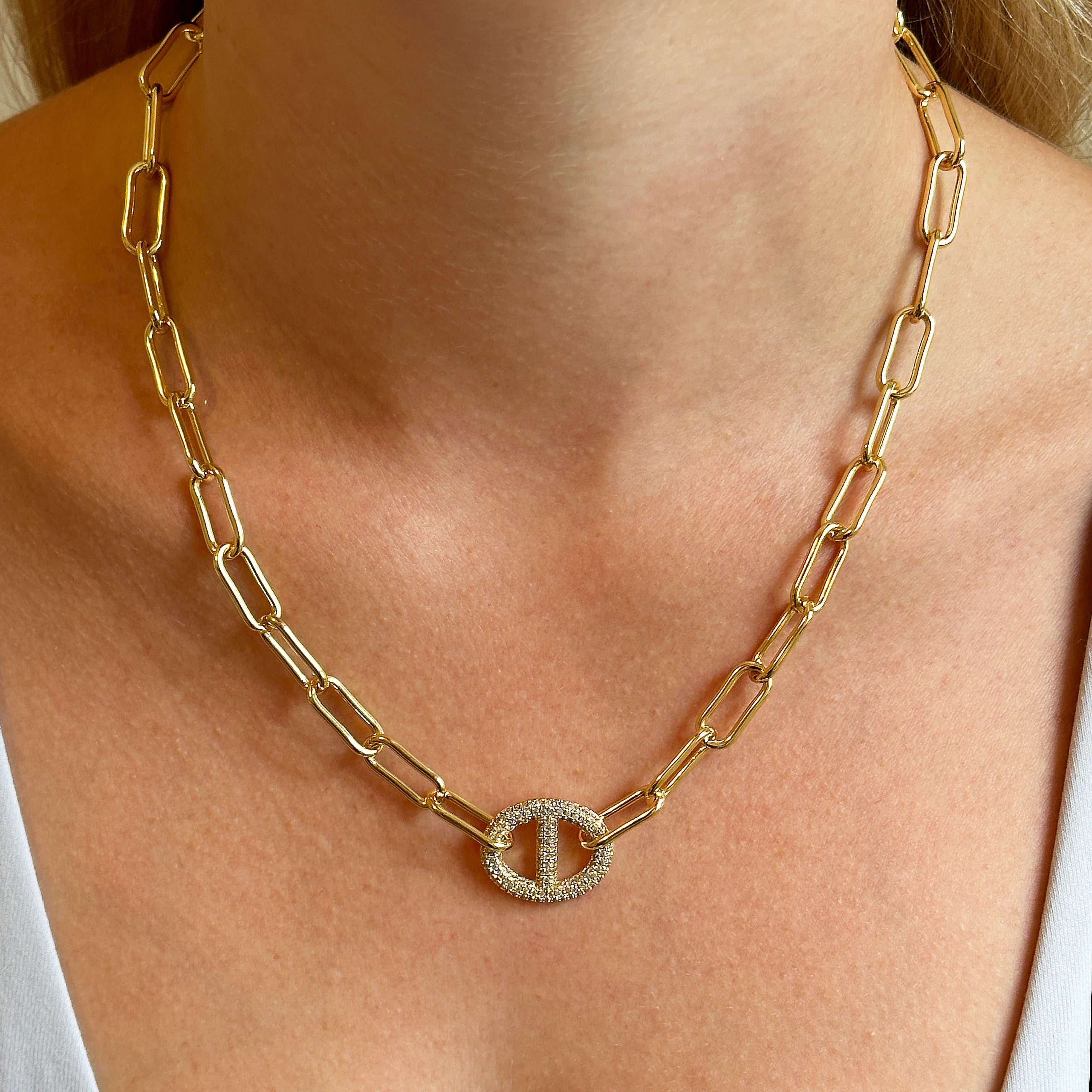 Pave Mariner Link On Paperclip Chain Necklace Yellow Gold Plated CZ Mariner: 0.68" Long X 0.84" Wide Link: 0.27" Wide 18-20.5" Adjustable Length While supplies last. All Deals Of The Day sales are FINAL SALE.