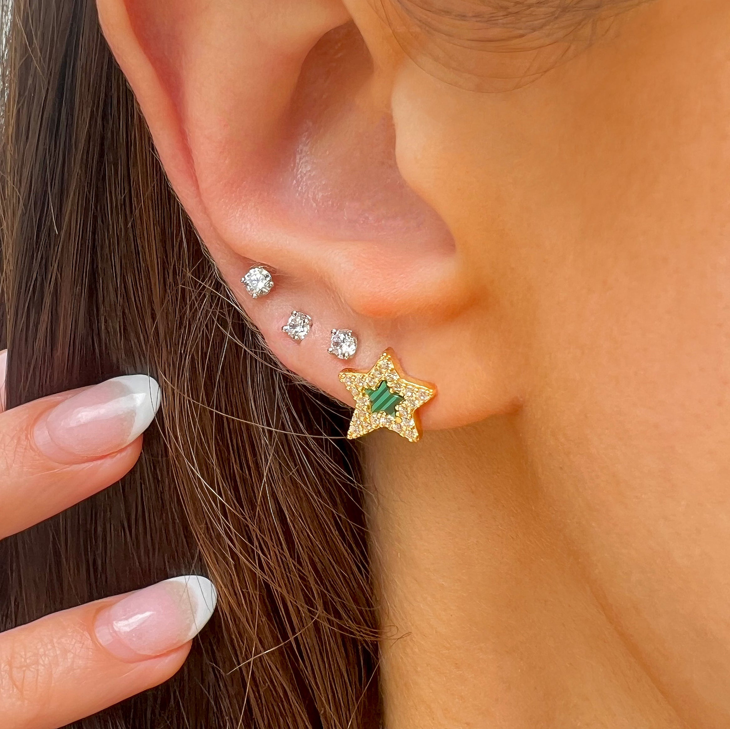 Malachite Abstract Star with CZ Outline Stud Pierced Earrings Yellow Gold Plated Over Silver 0.44" Long X 0.38" Wide While supplies last. All Deals Of The Day sales are FINAL SALE.