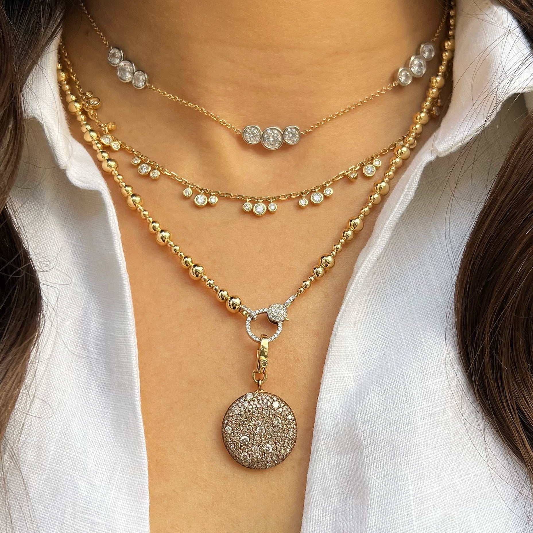 Diamond Disc Pendant Bead Chain Necklace
14K Yellow Gold
2.19 Diamond Carat Weight
Beads: 2-5MM
18" Length