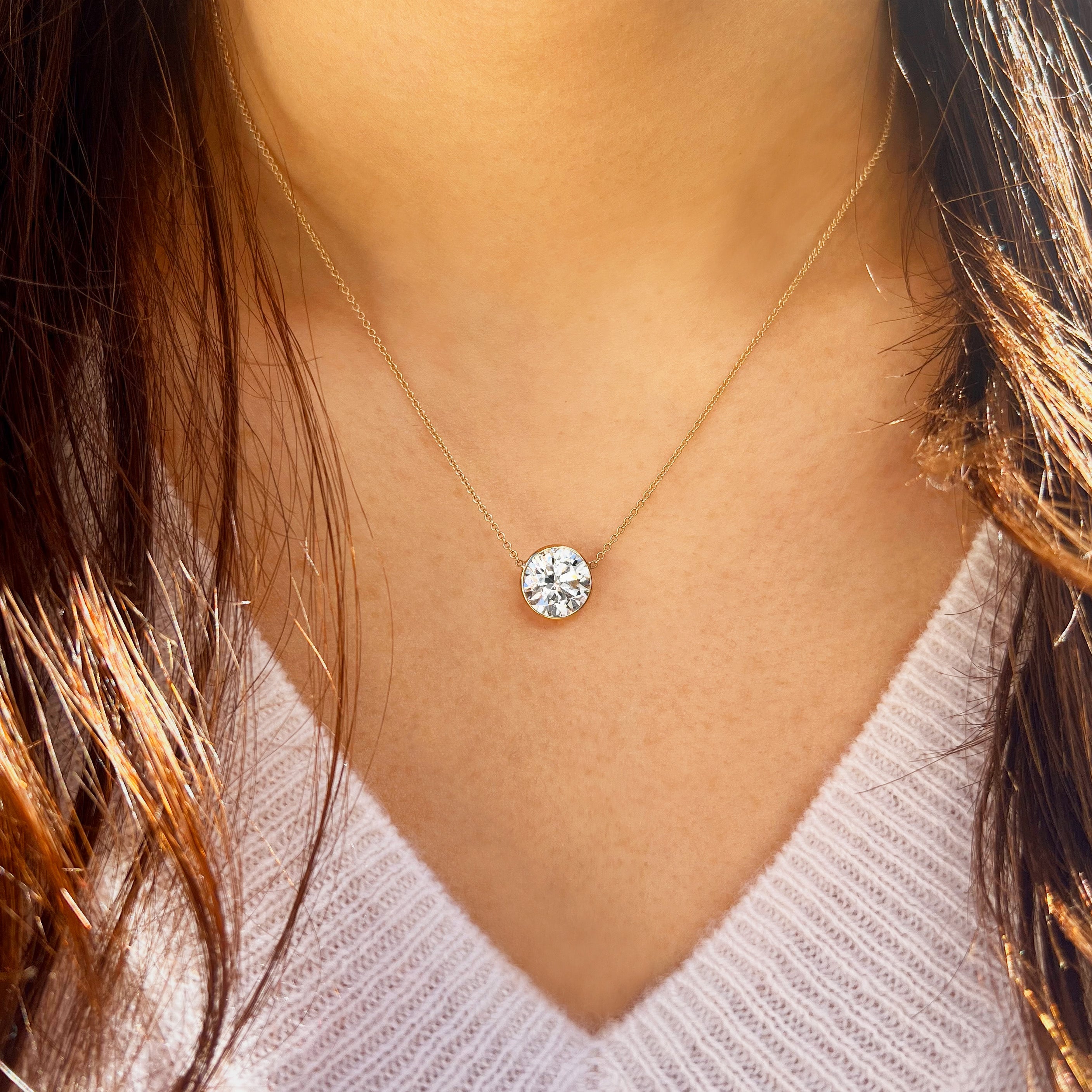 Single Faux Diamond Large Solitaire Necklace  14K Yellow Gold Stone 9mm