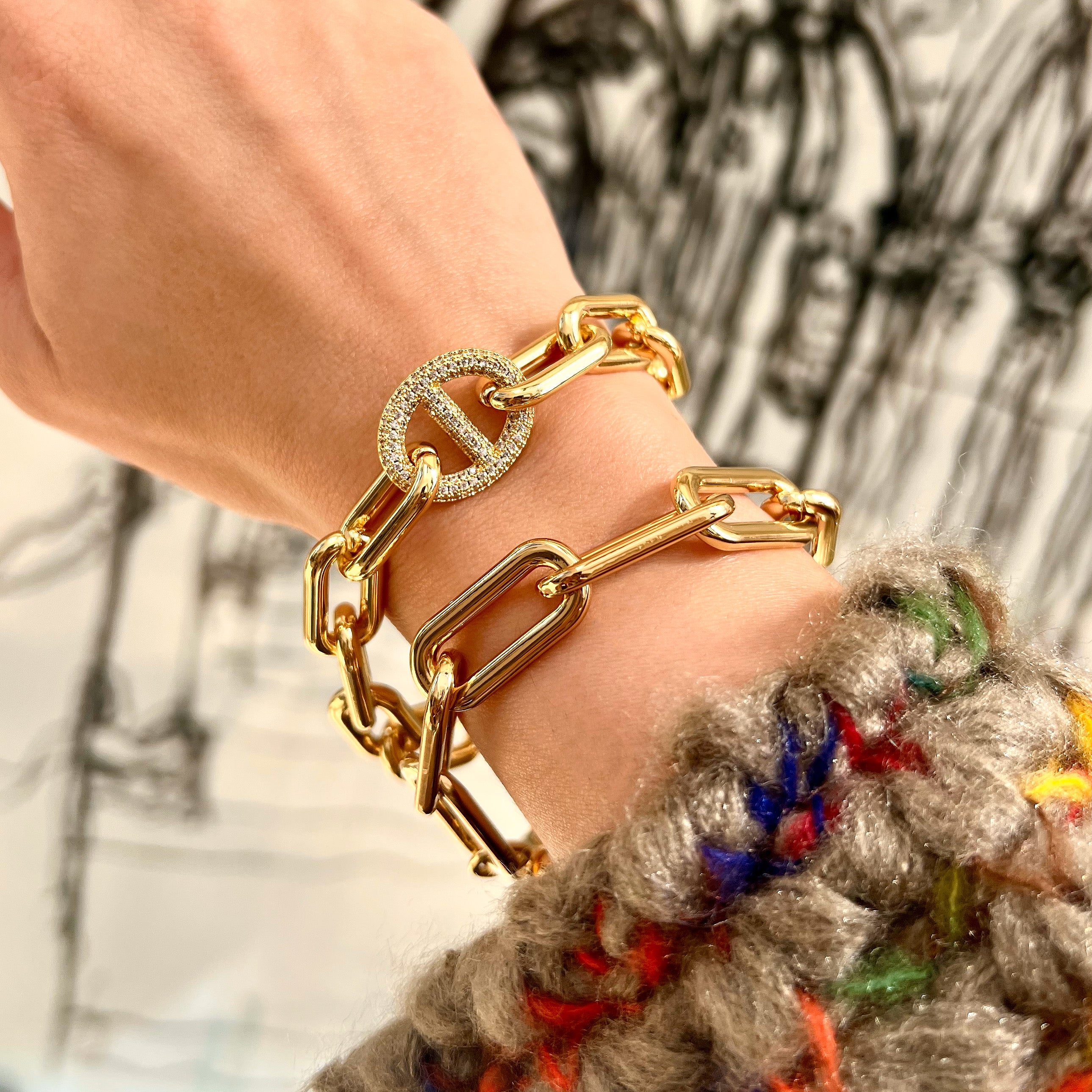 Pave CZ Mariner Chain Link Bracelet Yellow Gold Plated 7.5" Length Center Link: 0.68" Long X 0.83" Wide Magnetic Closure