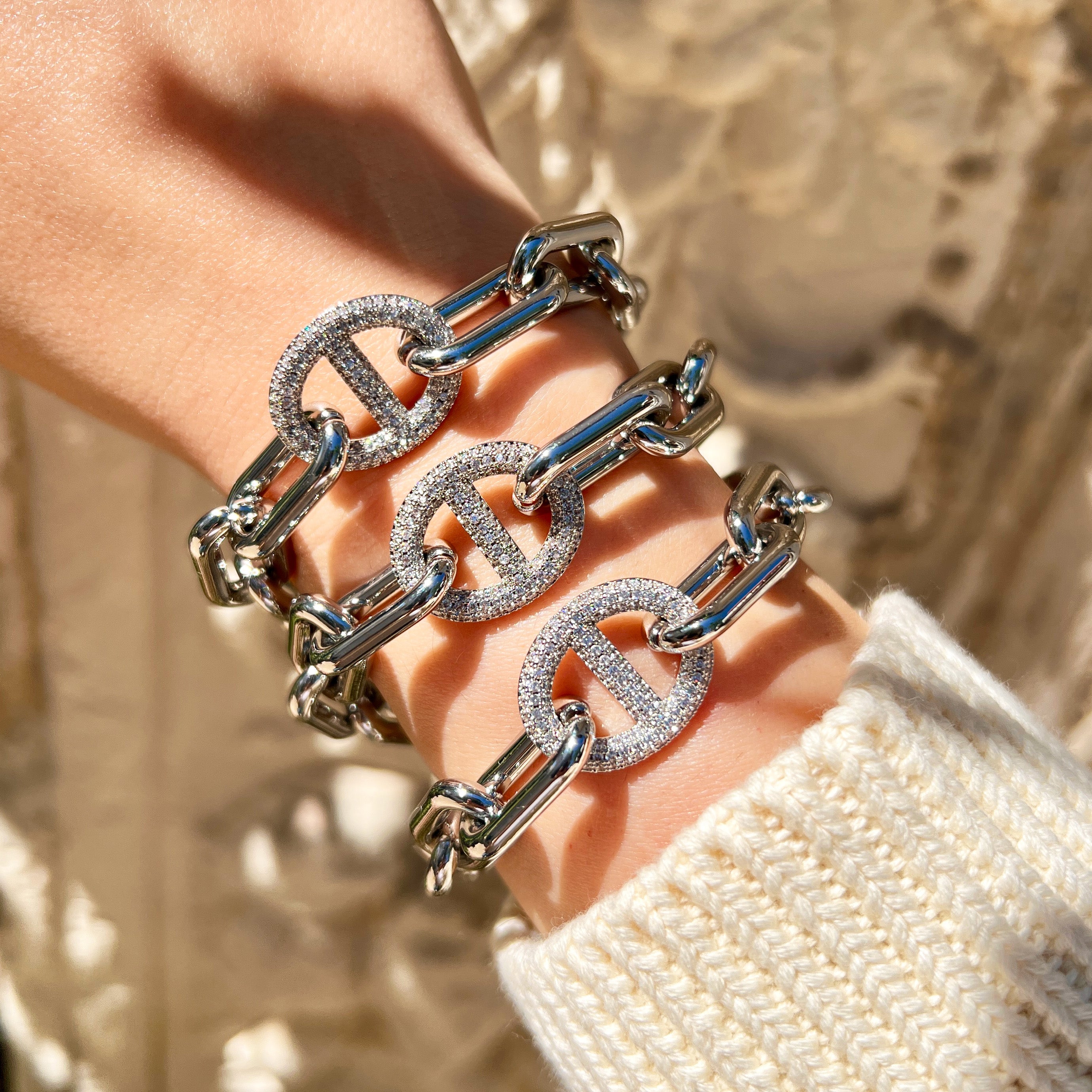 Pave CZ Mariner Chain Link Bracelet White Gold Plated 7.5" Length Center Link: 0.68" Long X 0.83" Wide Magnetic Closure