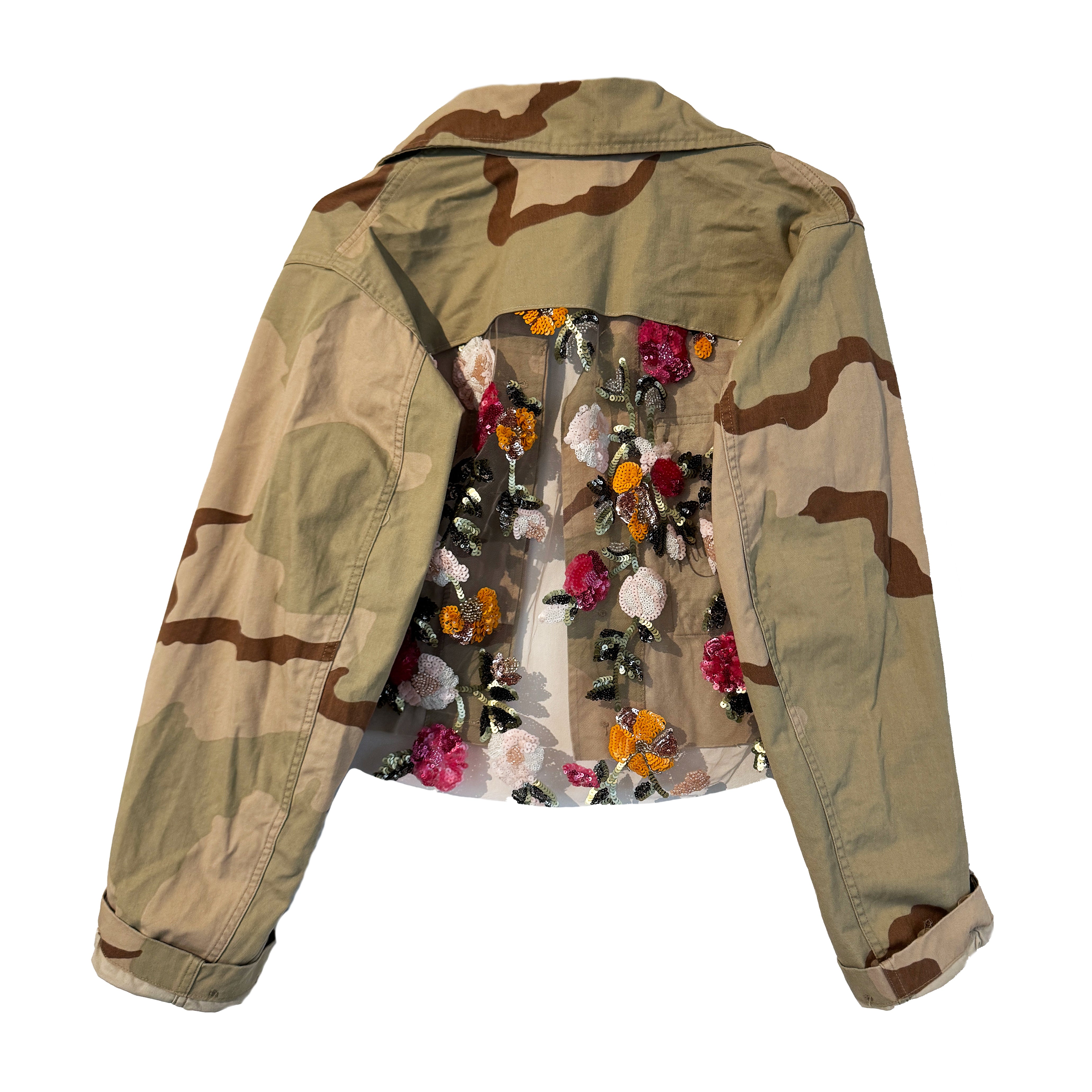 Beaded Floral Khaki Camo Jacket
One Size
