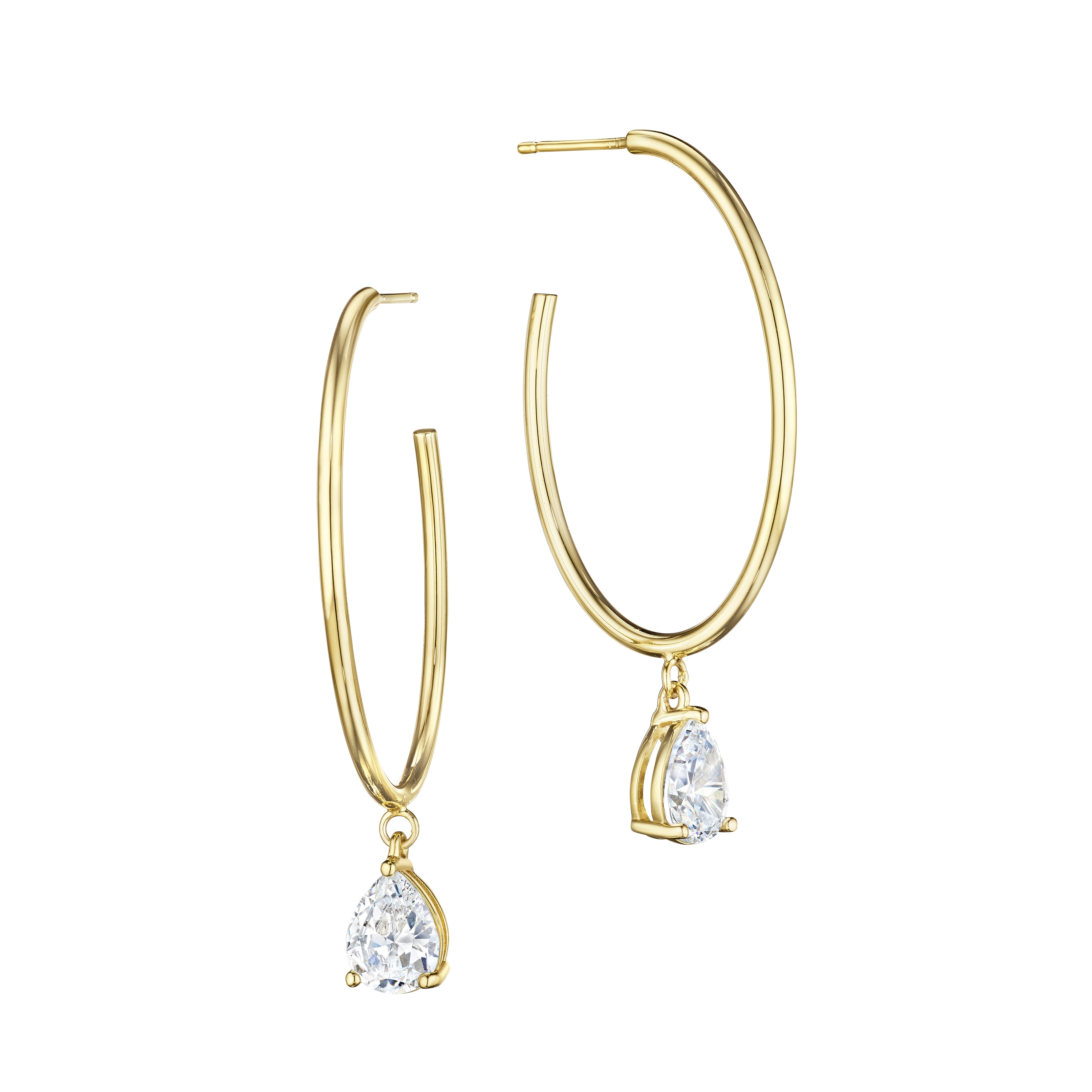 Oval Hoop Sparkle Drop Earrings 14K Yellow or White Gold Plated 2 High intensity Basket-set Pear Shaped CZs CZs approximately 1.5 cts each 2.25 Inches Long including the CZ Drop 1.5 Inches Long not including the CZ drop Pierced, post backings with oversized butterfly push back