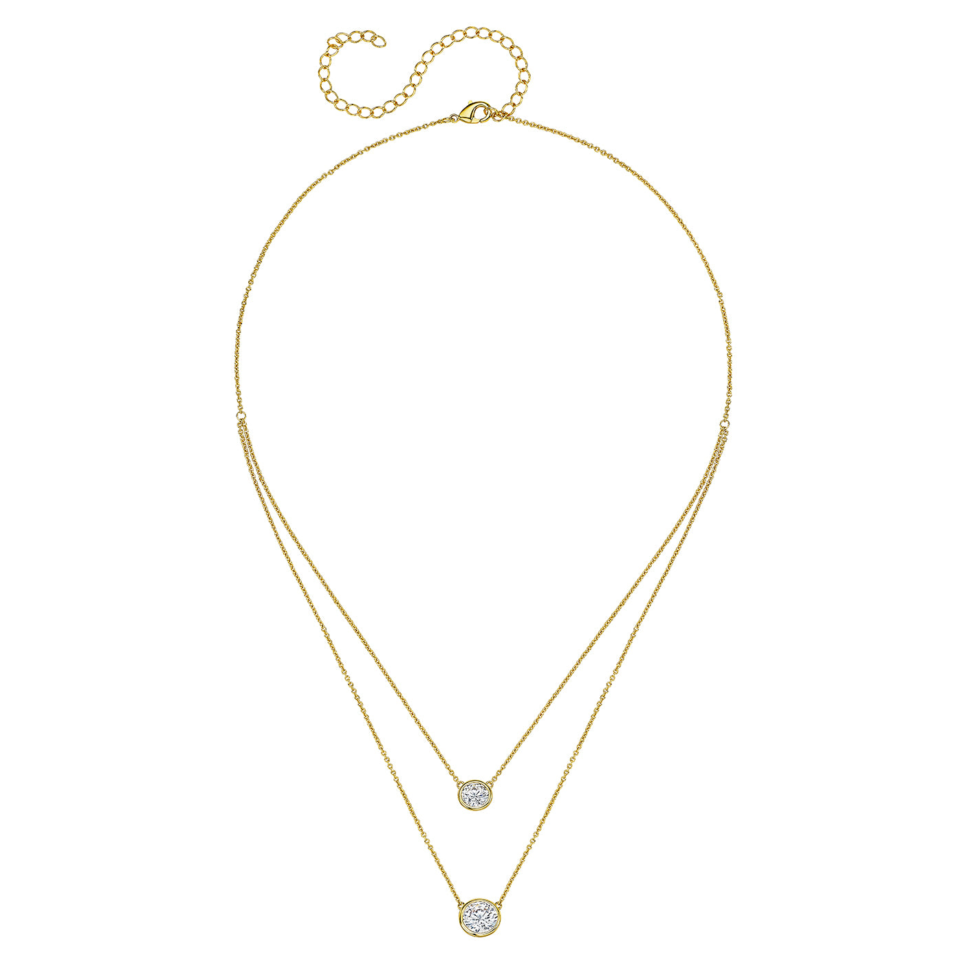 Gold necklace with a small round pendant on a white background
Double Bezel Solitaire Chain Necklace
Yellow Gold Plated
Small Bezel: 1.5 Carat
Large Bezel: 3.0 Carat
16-20" Long
Faux Bezel Diamond