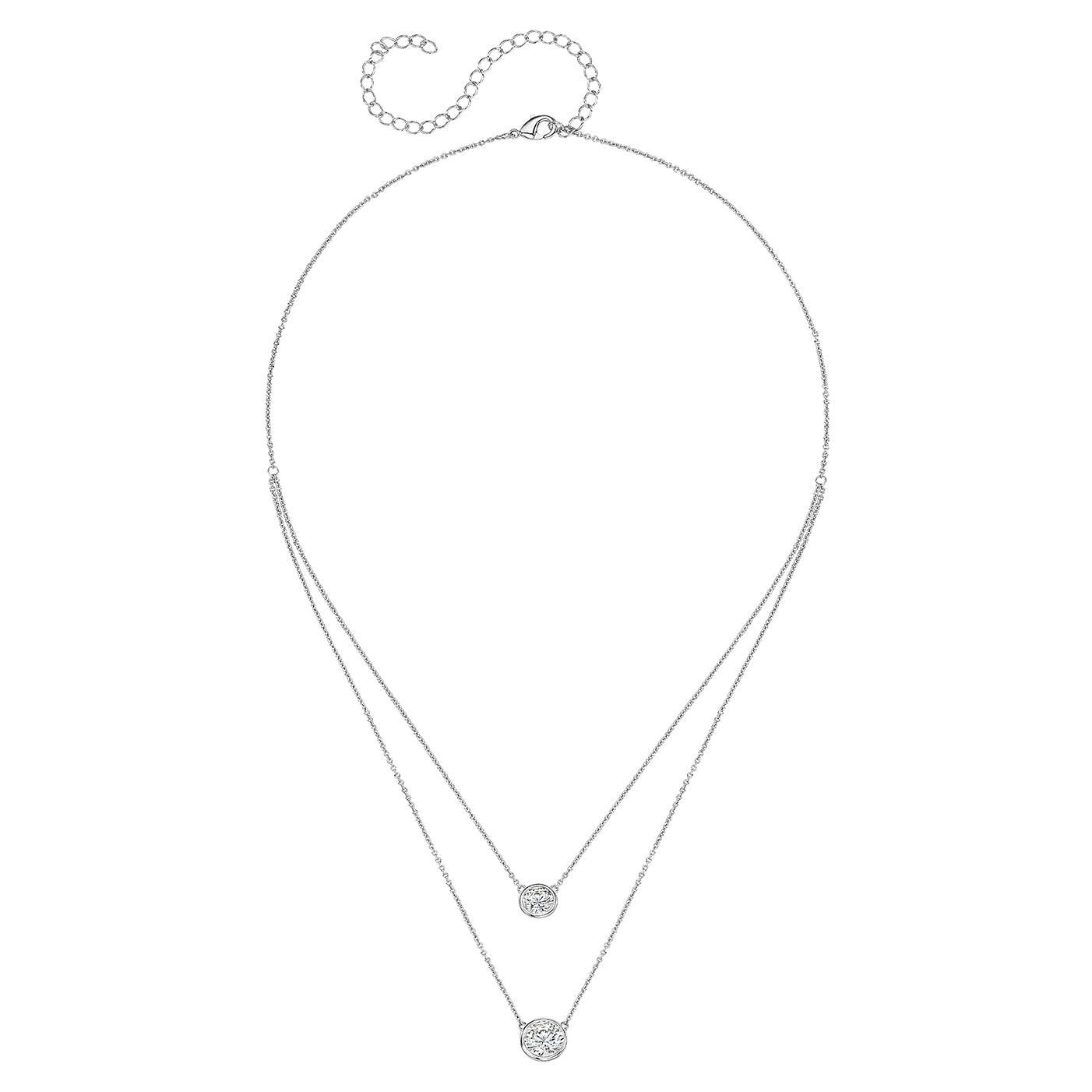 Silver necklace with a heart-shaped pendant on a white background
Double Bezel Solitaire Chain Necklace
White Gold Plated
Small Bezel: 1.5 Carat
Large Bezel: 3.0 Carat
16-20" Long
Faux Bezel Diamond
