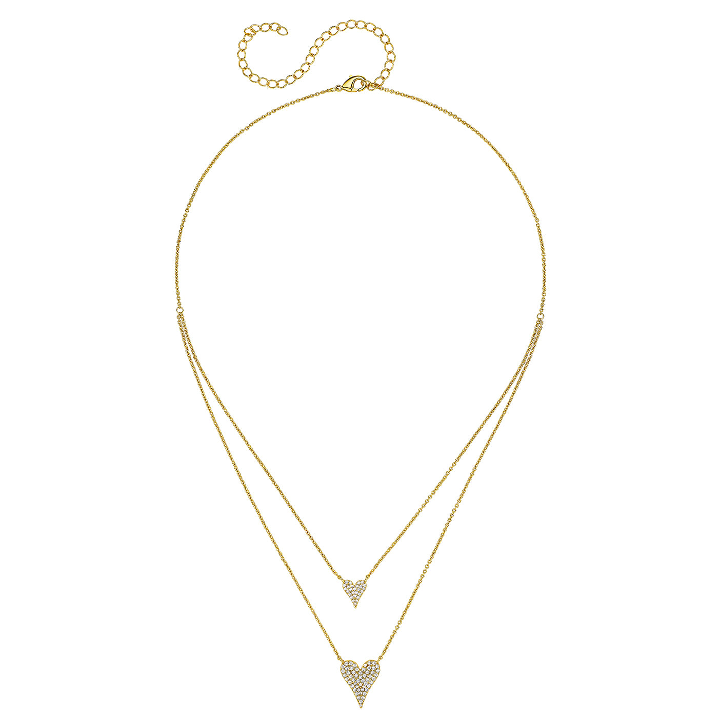 Gold necklace with heart-shaped pendants on a white background
Layered Double Heart Necklace
Yellow Gold Plated
Small Heart: 0.38" Long X 0.38" Wide
Large Heart: 0.50" Long X 0.63" Wide
16-20" Long
Faux Pave Diamond