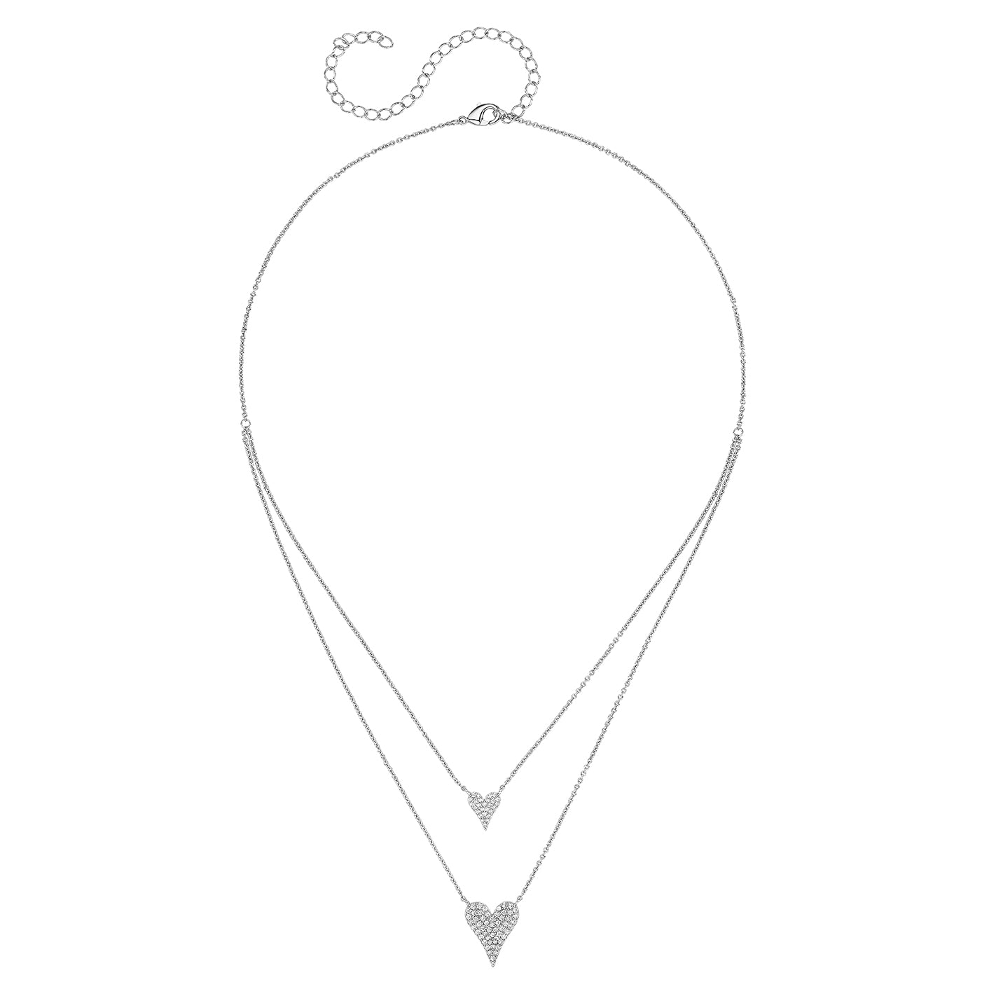 Silver necklace with heart-shaped pendants on a white background
Layered Double Heart Necklace
White Gold Plated
Small Heart: 0.38" Long X 0.38" Wide
Large Heart: 0.50" Long X 0.63" Wide
16-20" Long
Faux Pave Diamond