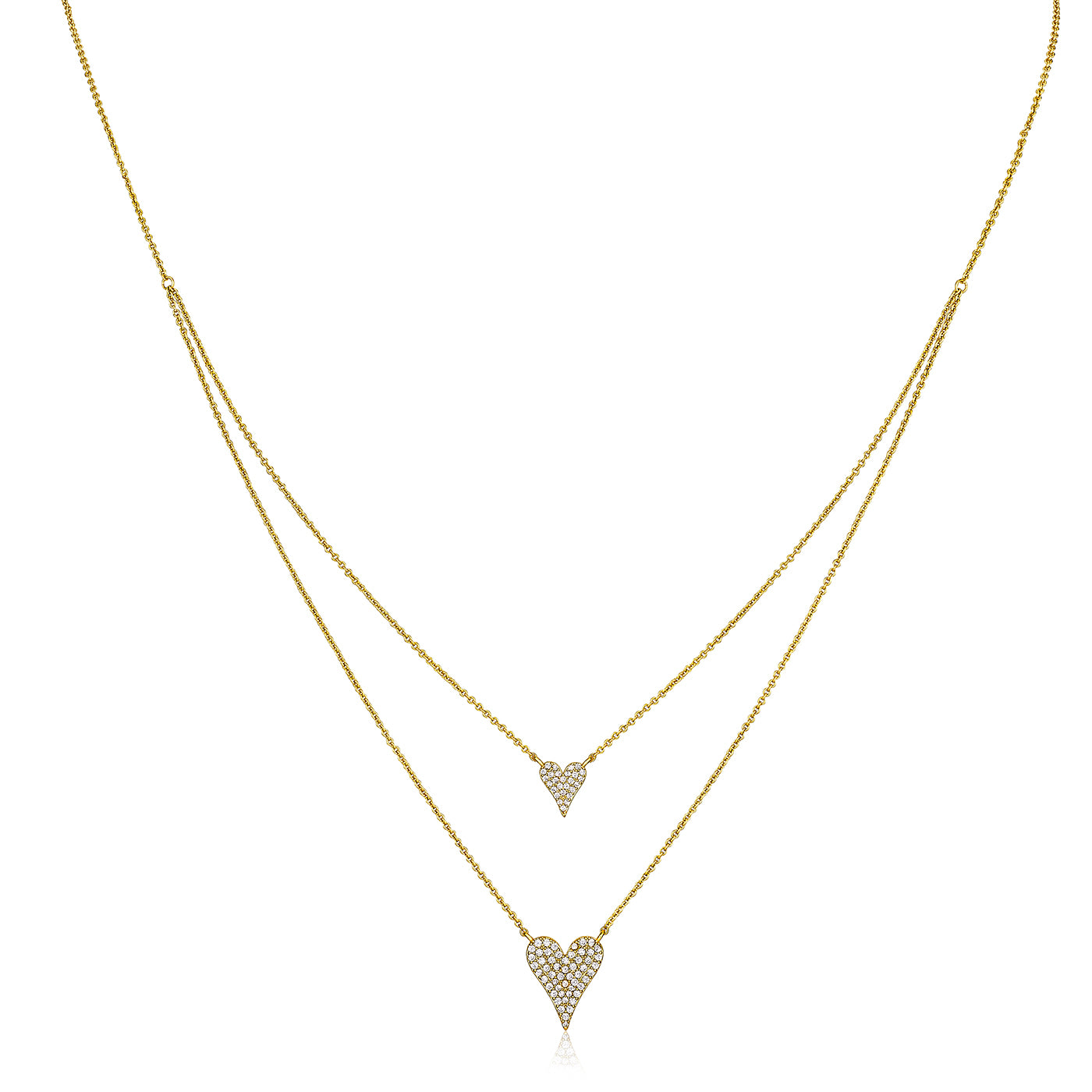 Two gold necklaces with heart pendants on a white background
Layered Double Heart Necklace
Yellow Gold Plated
Small Heart: 0.38" Long X 0.38" Wide
Large Heart: 0.50" Long X 0.63" Wide
16-20" Long
Faux Pave Diamond