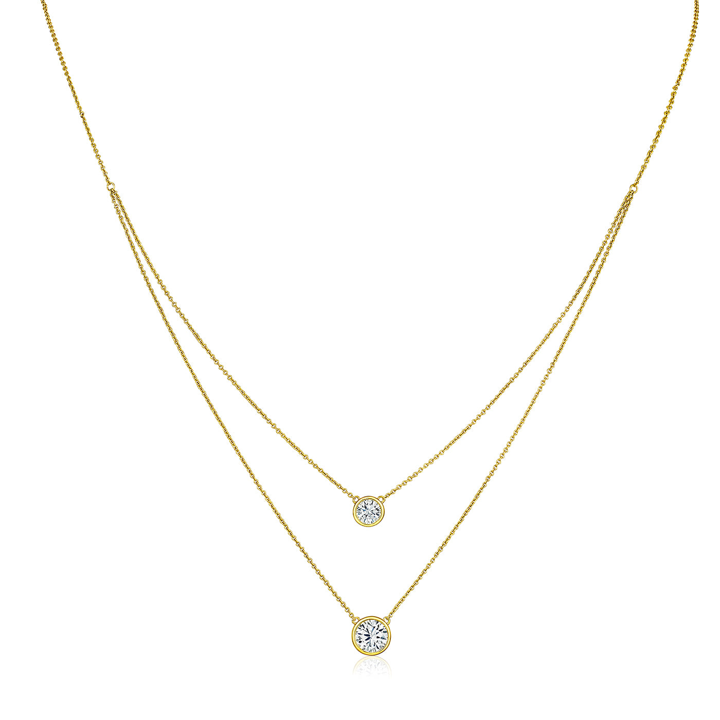 Gold necklace with two diamond pendants on a white background
Double Bezel Solitaire Chain Necklace
Yellow Gold Plated
Small Bezel: 1.5 Carat
Large Bezel: 3.0 Carat
16-20" Long
Faux Bezel Diamond