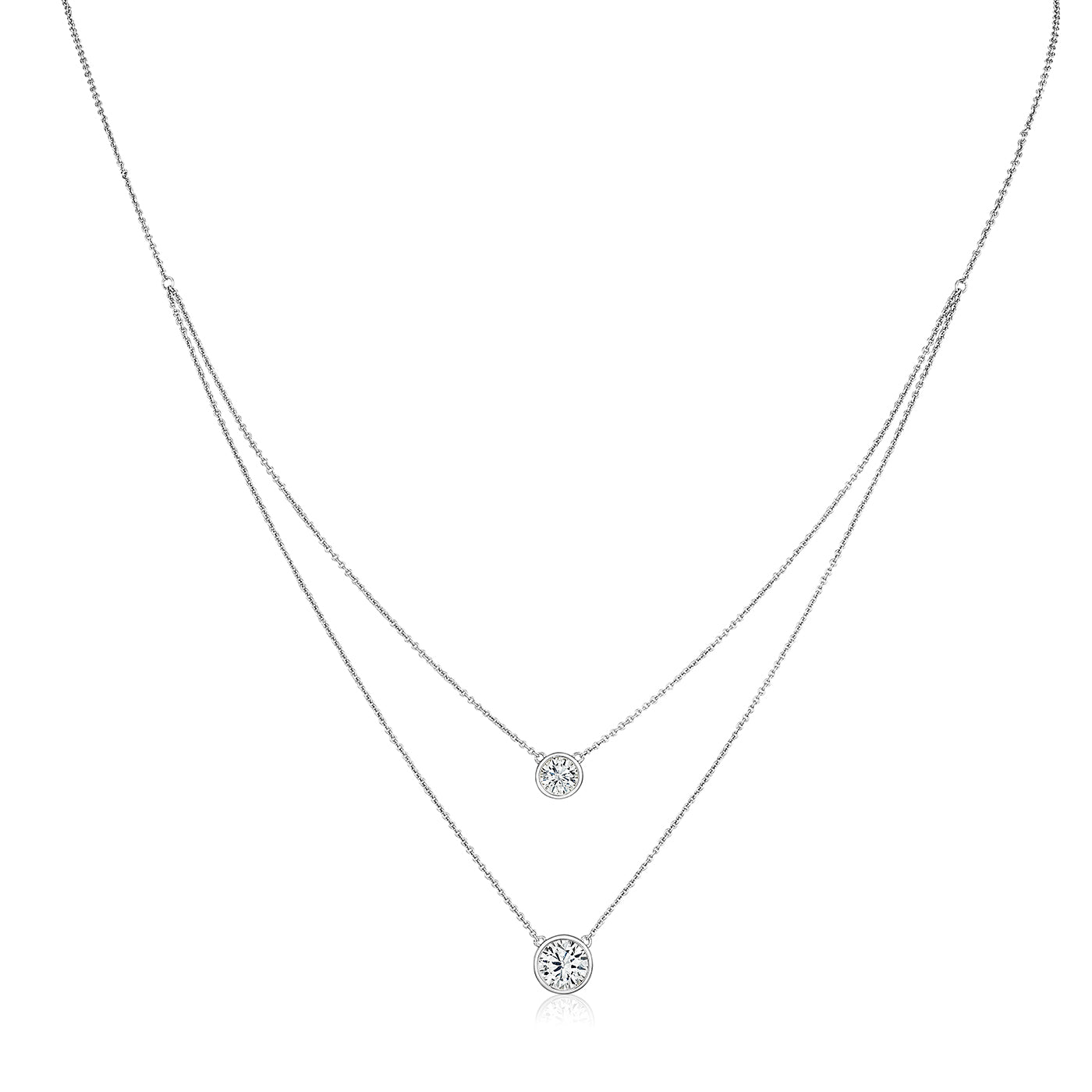 Two diamond necklaces on a white background
Double Bezel Solitaire Chain Necklace
White Gold Plated
Small Bezel: 1.5 Carat
Large Bezel: 3.0 Carat
16-20" Long
Faux Bezel Diamond