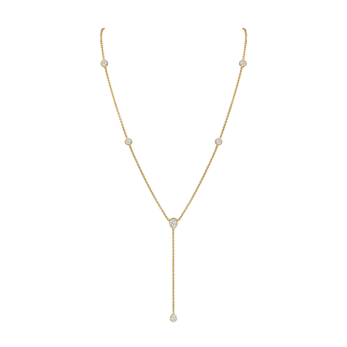 Bezel Set Lariat Necklace 14K Yellow or White Gold Plated Can be worn 17 to 21 inches, Adjustable Round CZs approximately 0.15 ct each Center Pear CZ approximately 0.35 ct Lariat drop is 2 inches long