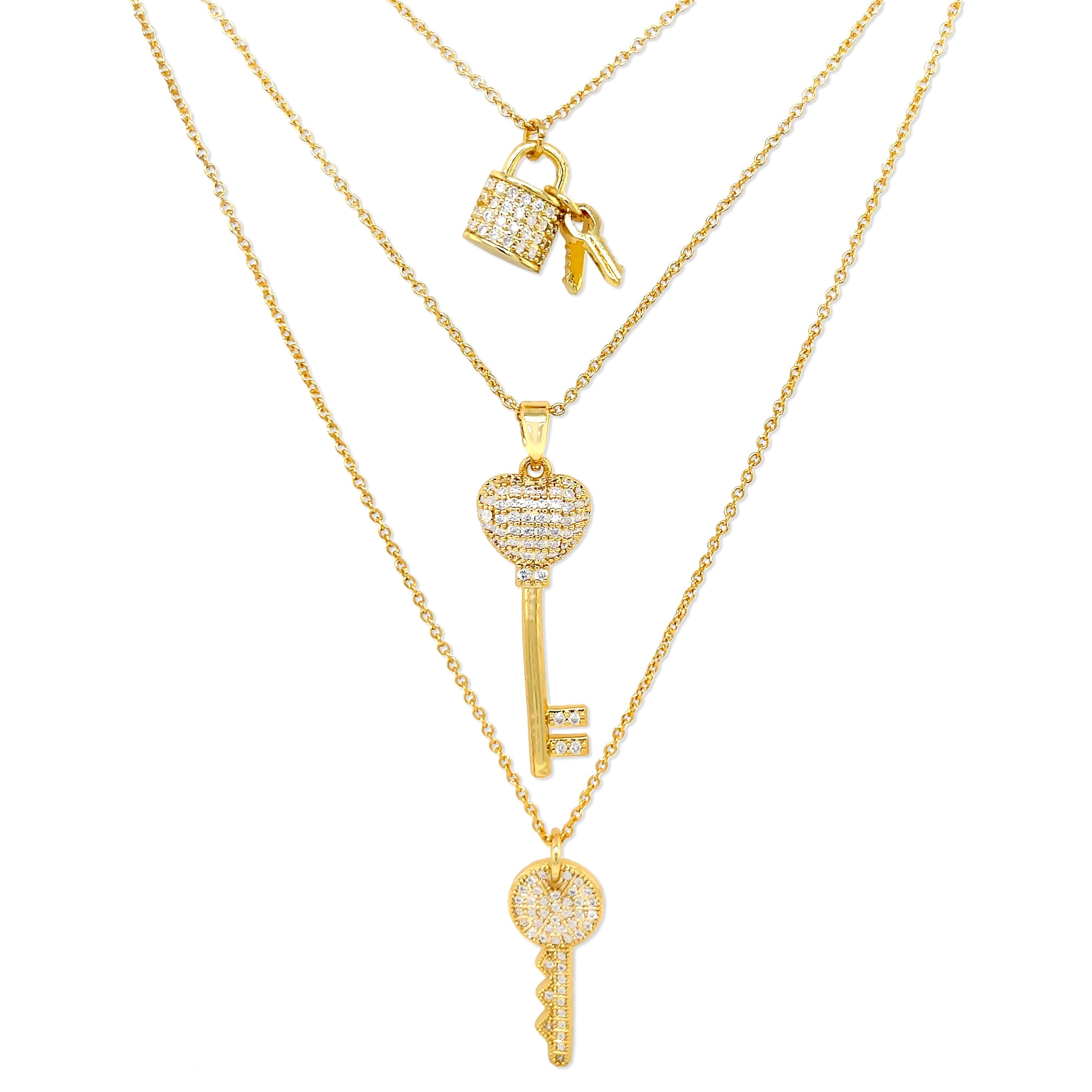 Lock and Key Triple Layer Necklace Yellow Gold Plated Cubic Zirconia 16-18" Length