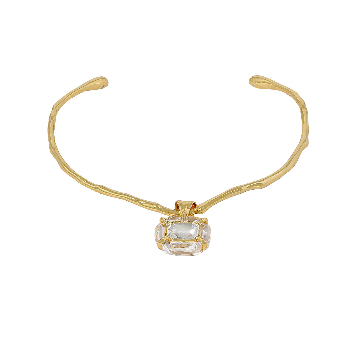 Sculpted Clear Lucite Charm Choker Necklace
A modern statement necklace designed with sculptural simplicity in mind. Finished in a polished 14K yellow gold plating, this open choker features a fluid, organic silhouette accented with a single faceted lucite charm. The structured yet lightweight design sits comfortably along the neckline, adding subtle shine with a refined edge.
14K Yellow Gold Plated
1.28" Long X 0.98" Wide