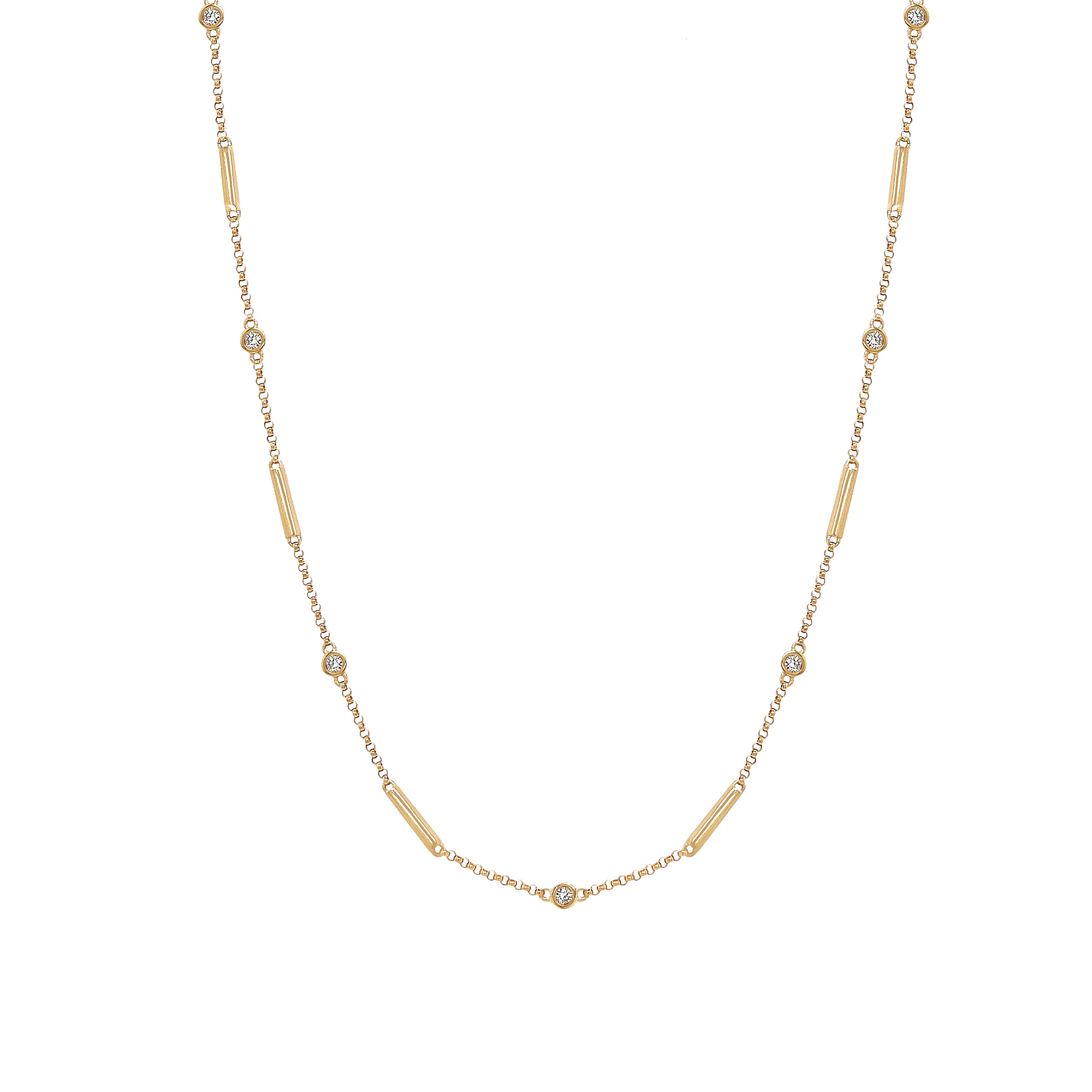 Diamond Bezels & Gold Bars Station Necklace
14K Yellow Gold
0.27 Diamond Carat Weight
14-18" Length
Bezels: 0.10" Diameter
Bars: 0.30" Length
