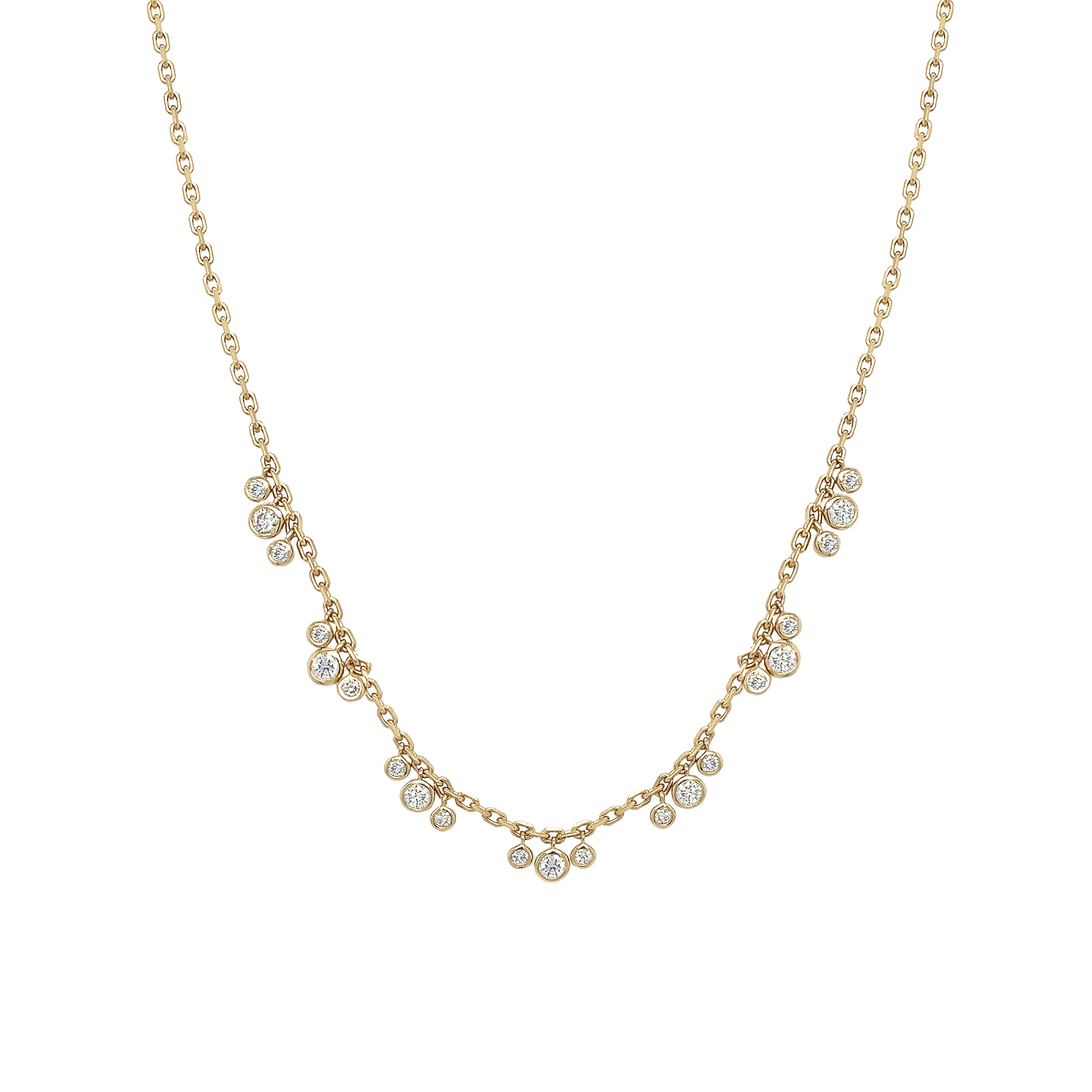 Diamond Bezel Dangle Shaker Necklace
14K Yellow Gold
1.38 Diamond Carat Weight
Diamond Clusters: 0.22" Wide
13-16" Adjustable Length