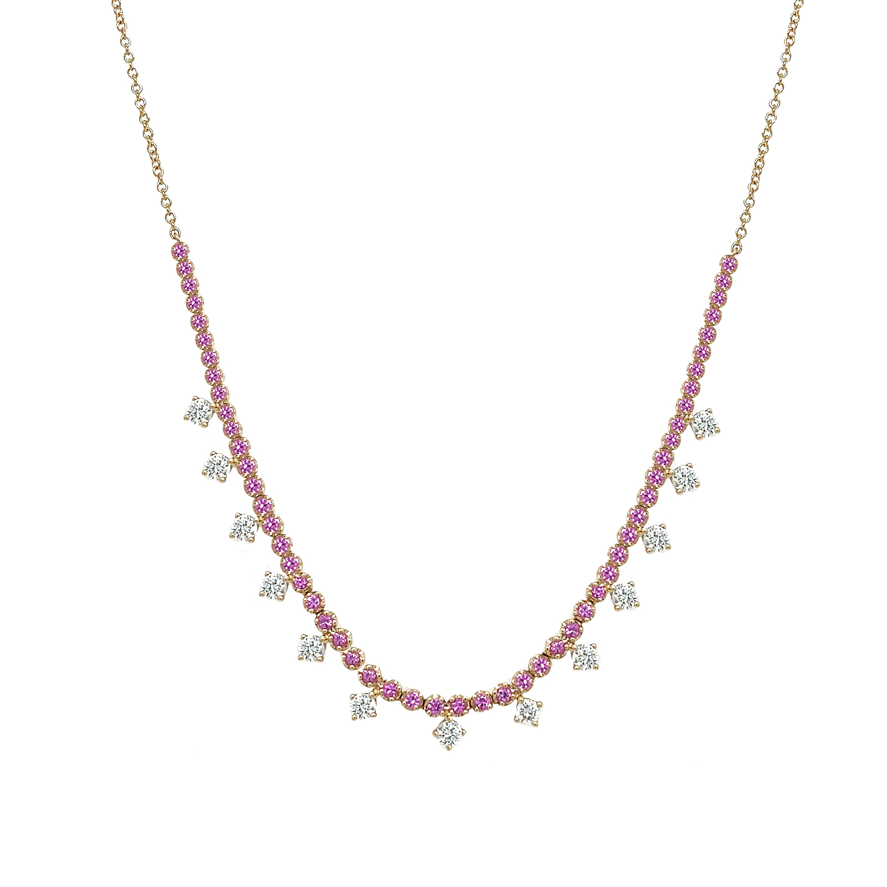 Diamond & Pink Sapphire Dangle Necklace
This exquisite necklace showcases a beautiful pink sapphire, adding a vibrant pop of color to your jewelry collection. Its unique design is sure to make a statement and elevate any outfit.
14K Yellow Gold
1.10 Diamond Carat Weight
1.48 Pink Sapphire Carat Weight
Diamond Dangles: 0.27" Wide
16-18" Adjustable Length