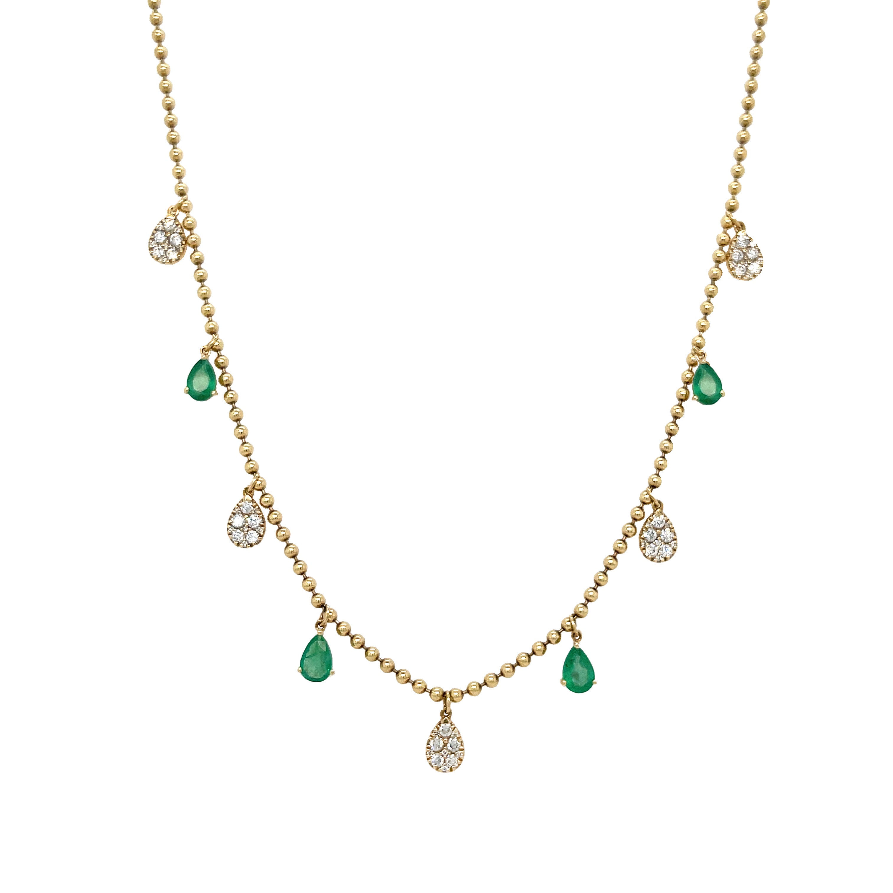 Diamond & Emerald Tear Drop Necklace 14K Yellow Gold 0.69 Diamond Carat Weight 1.98 Emerald Carat Weight Diamond Tear: 0.40" Long X 0.19" Wide Emerald Tear: 0.40" Long X 0.17" Wide 14-16" Adjustable Length
