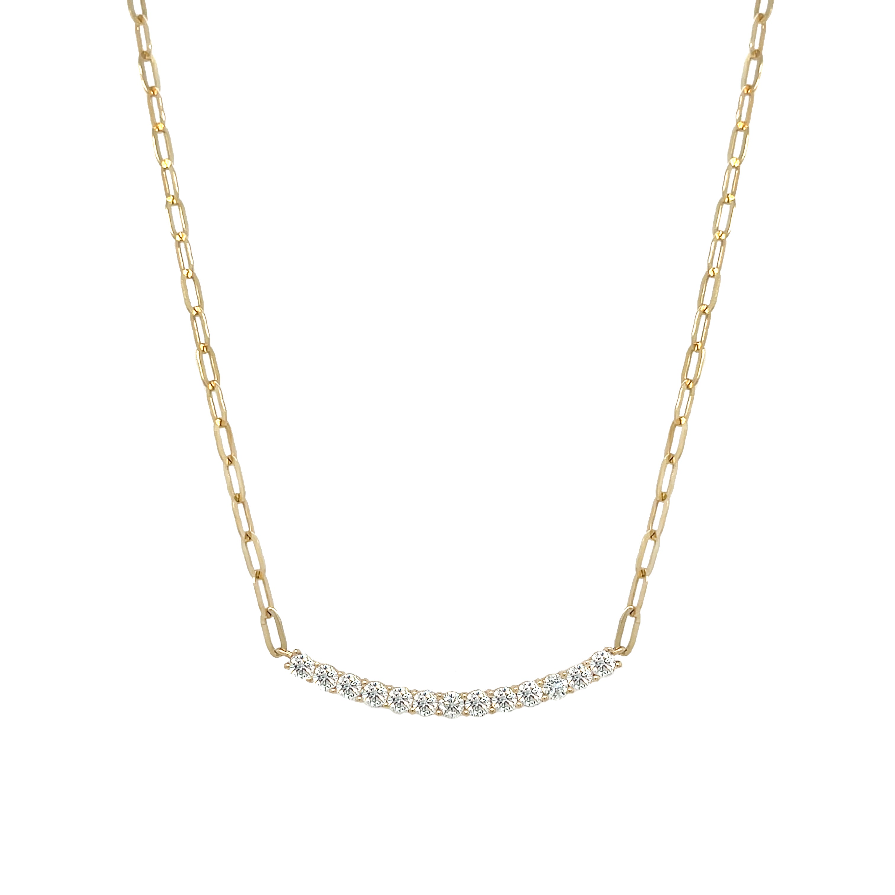 Diamond Curve Bar Necklace
14K Yellow Gold
1 Carat Diamond Weight
Diamond Bar: 0.10" Long X 1.35" Wide
16-18" Adjustable Length