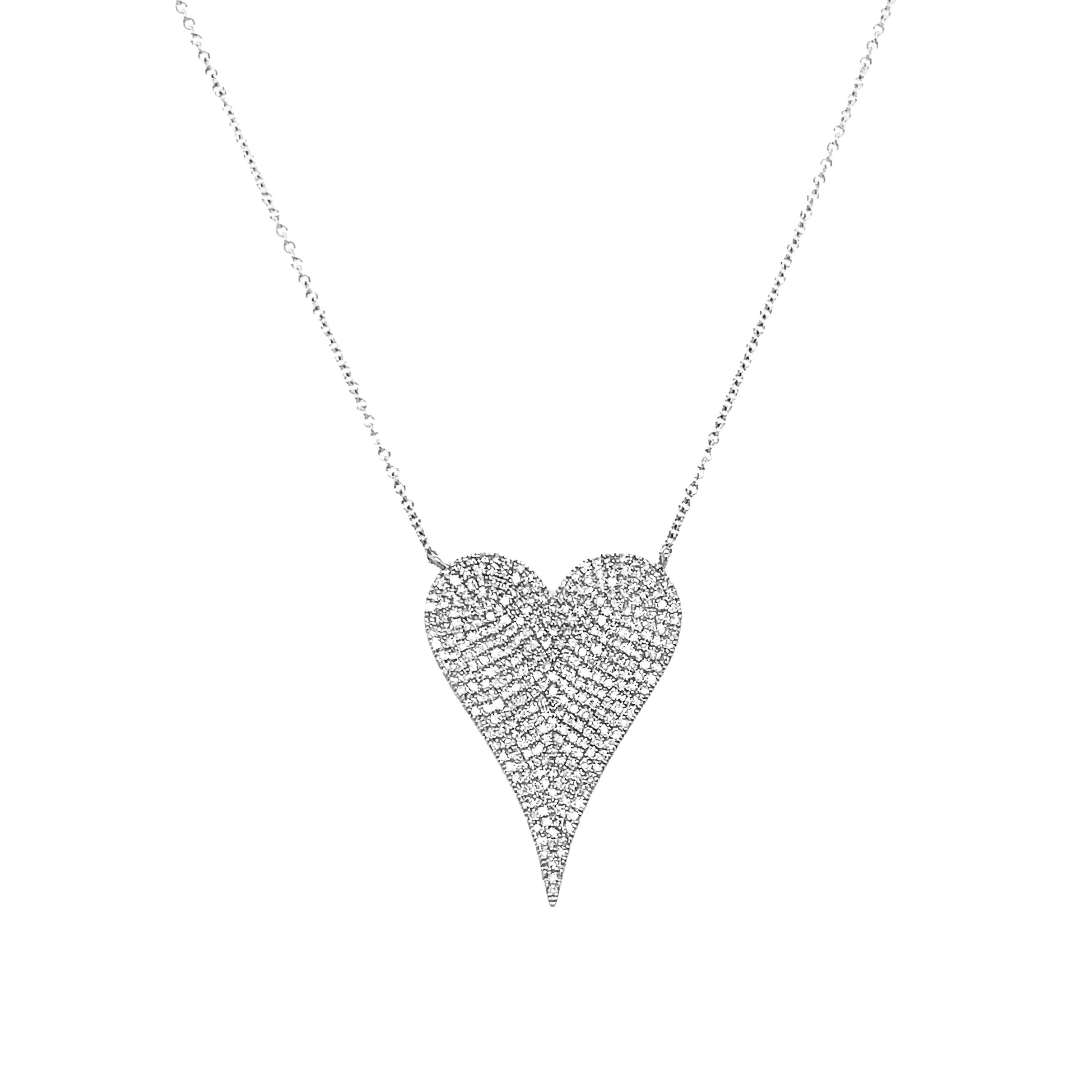 Extra Large Pave Diamond Heart Necklace 14K White Gold 1.07" Length X 0.78" Width 15.5-17.5" Adjustable Length