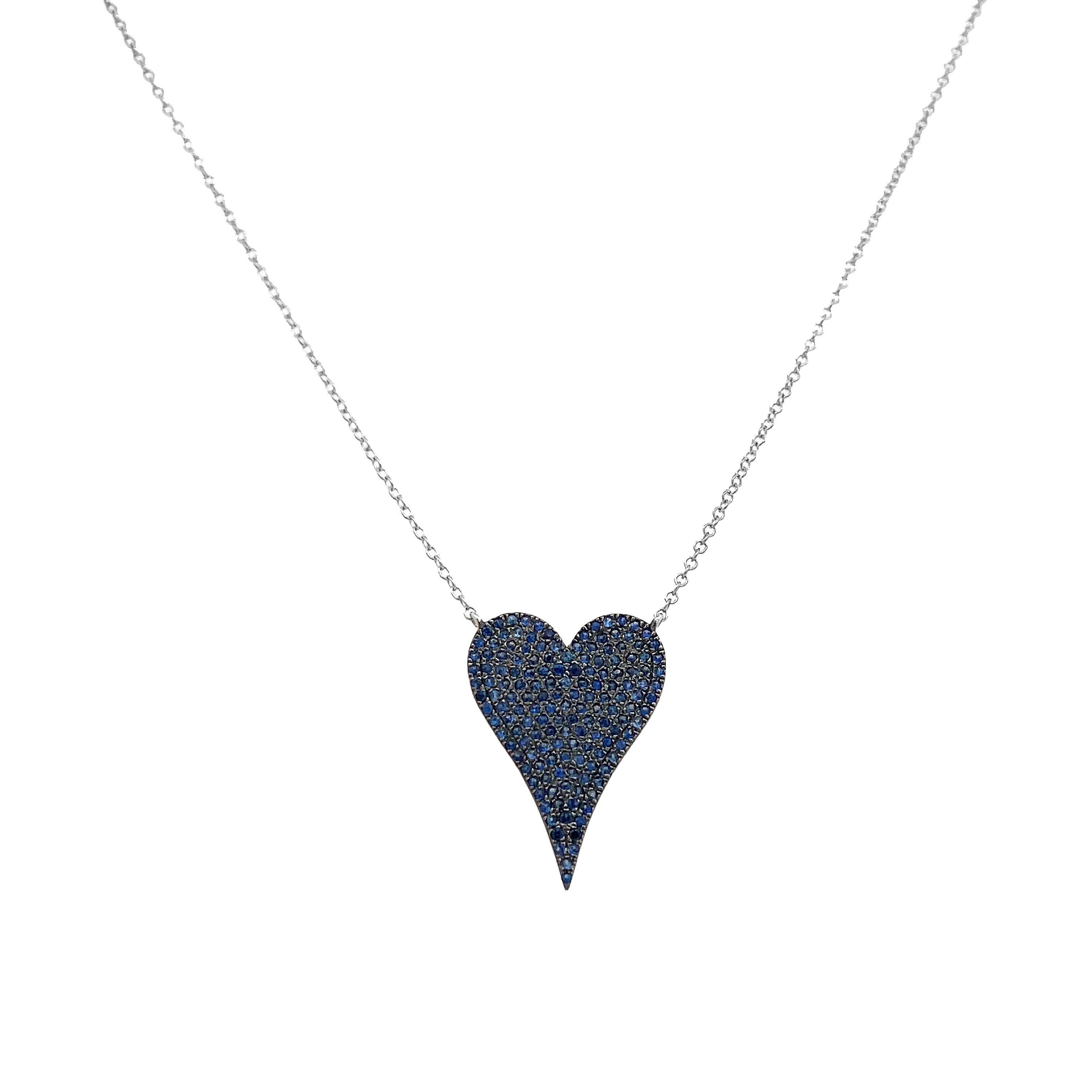 <p>Pave Blue Sapphire Large Heart Necklace </p> <ul> <li>14K White Gold</li> <li>0.60 Sapphire Carat Weight </li> <li>0.88" Length X 0.63" Width </li> <li>16"-18" Adjustable Length </li> </ul>