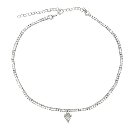 Heart Drop Tennis Necklace  White Gold Plated Heart: 0.47" Long X 0.30" Wide 12-16.5" Adjustable Length
