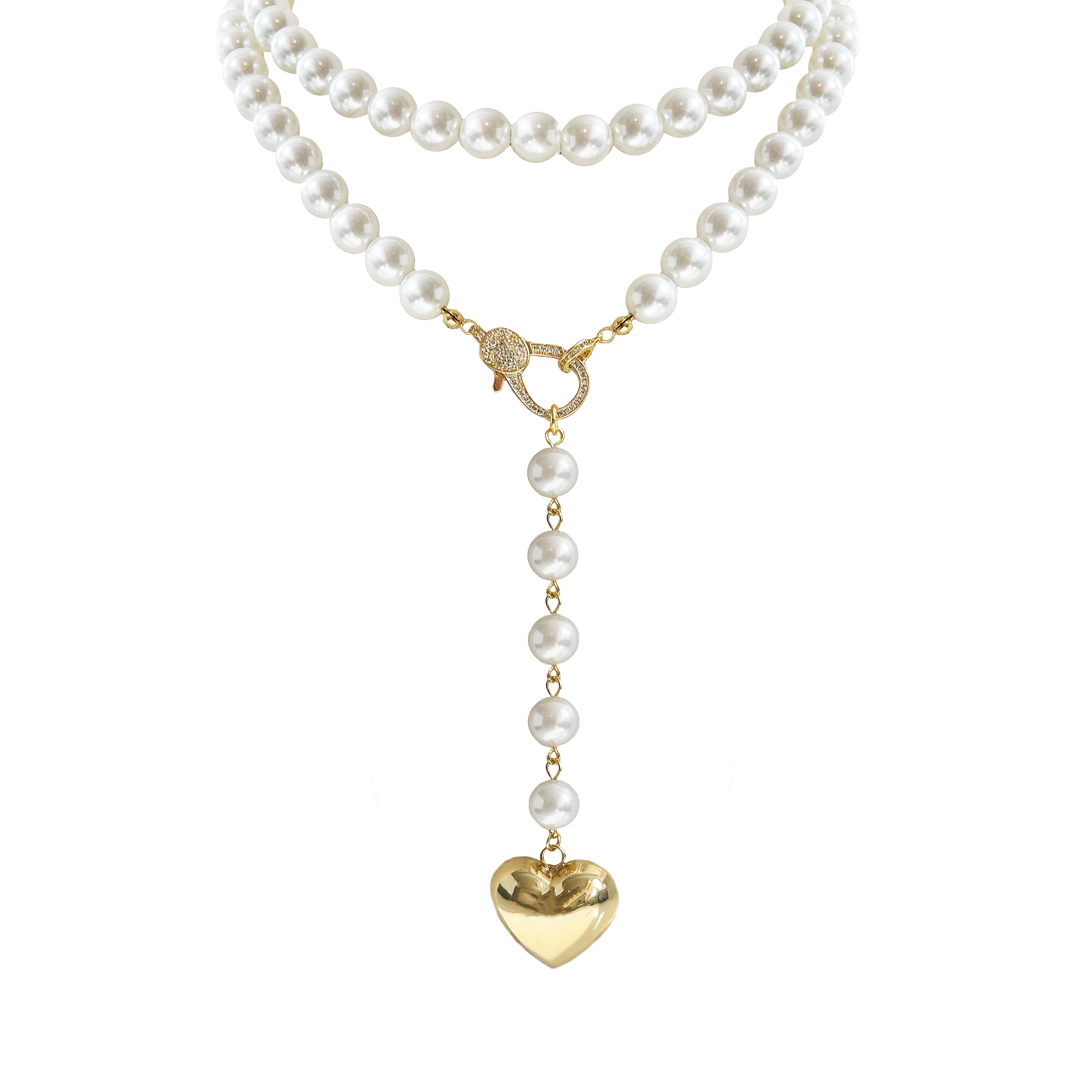 Pearl Strand Heart Drop Necklace
Yellow Gold Plated
Pearls: 0.40" Wide
Heart Pendant: 0.90" Long X 1.00" Wide
41.5" Adjustable Length