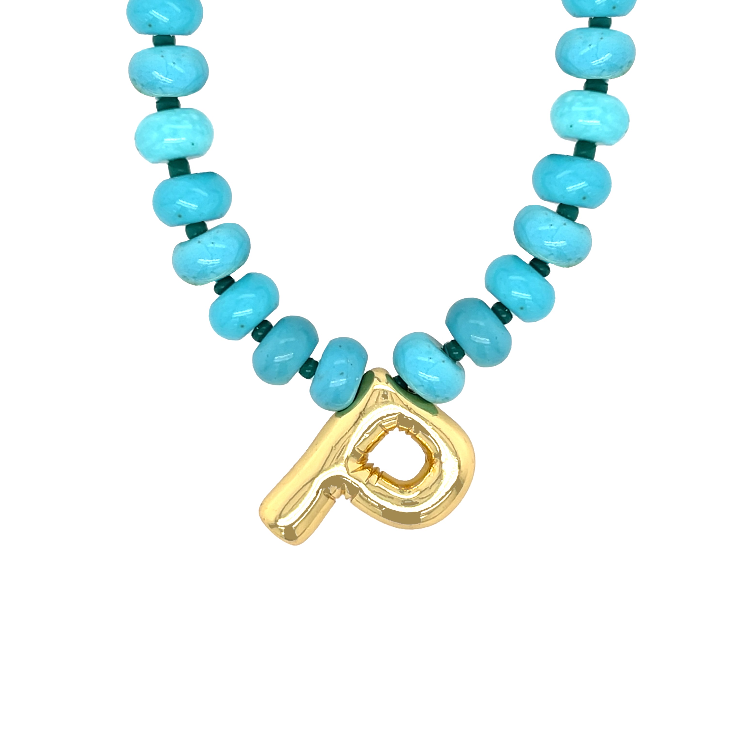 Necklace with turquoise beads and a gold letter 'P' pendant on a white background