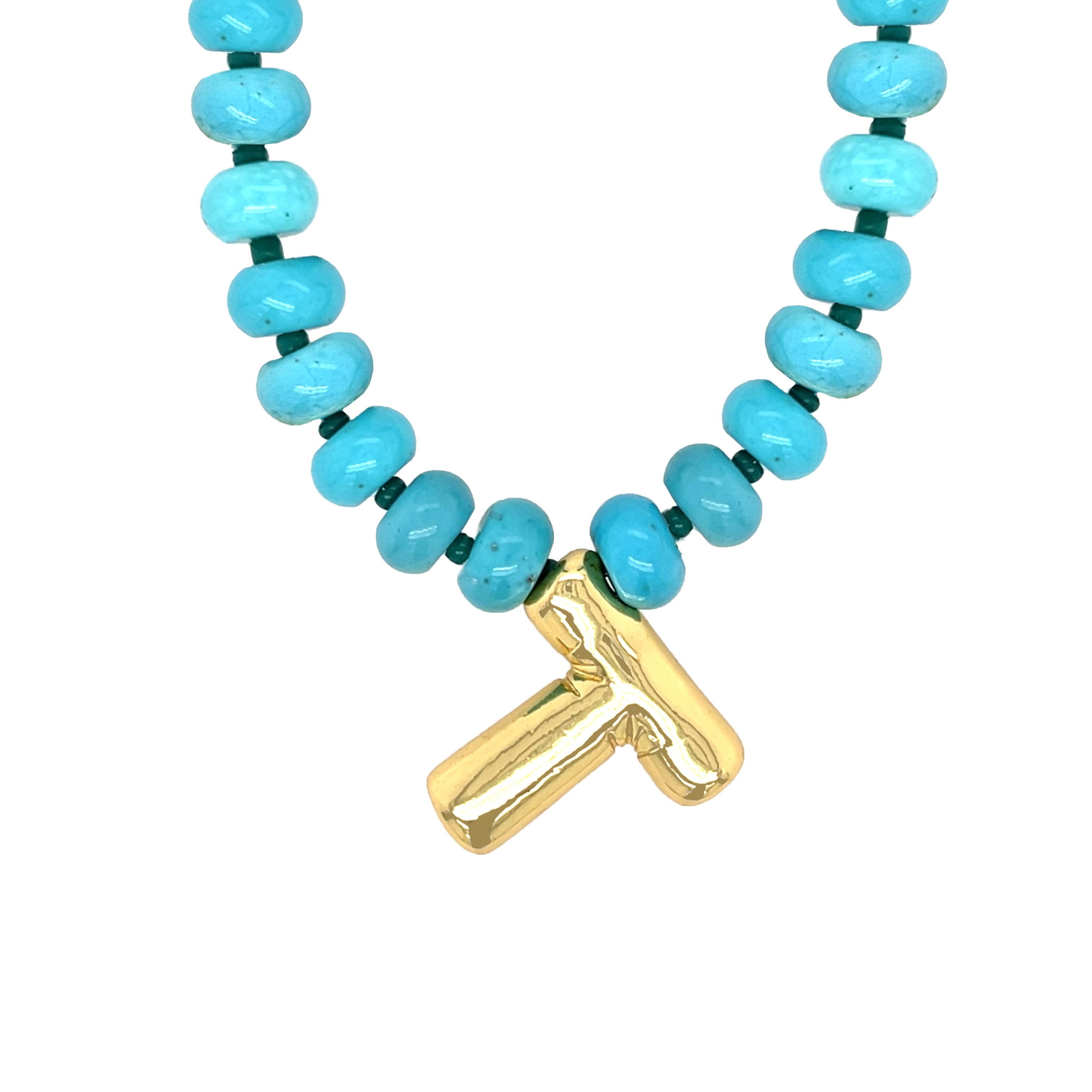 Turquoise beaded necklace with a gold clasp on a white background